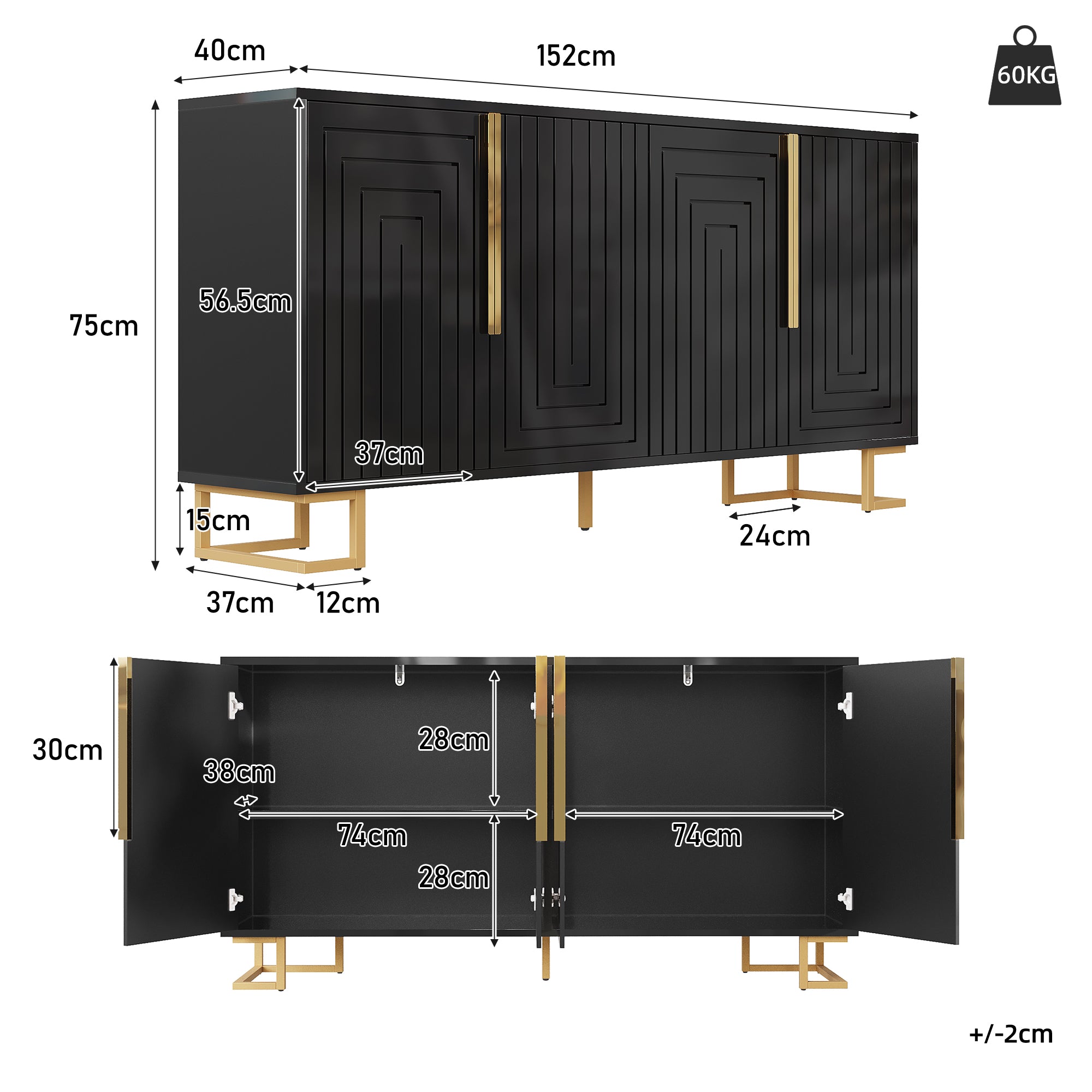 Black Sideboard 152 X 40 X 75 Cm Features A Unique Geometric Design And Gold Handles And Feet For An Elegant Feel
