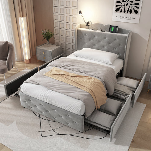 Upholstered Bed, Storage Bed, 3FT Bed 90x190cm, With 4 Drawers And Lamp, 3 USB Port 1 Type C, Durable And Sturdy, Youth Bed, For Adults  Teenagers, Velvet, Grey