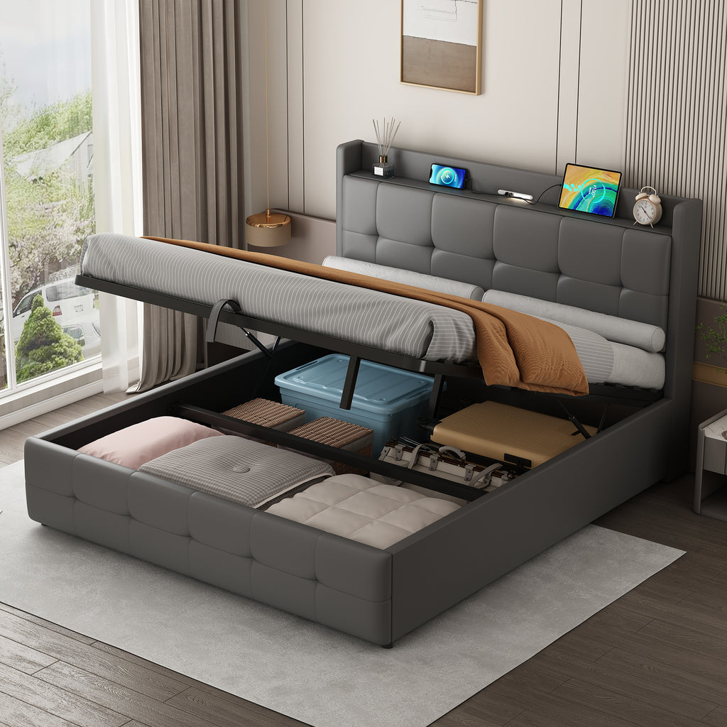 5ft King Upholstered Bed Frame With Hydraulic Storage, PU Leather Ottoman Bed With Concealed Headboard Storage, Double Bed With Charging Station And LED Night Light,  Grey No Mattress