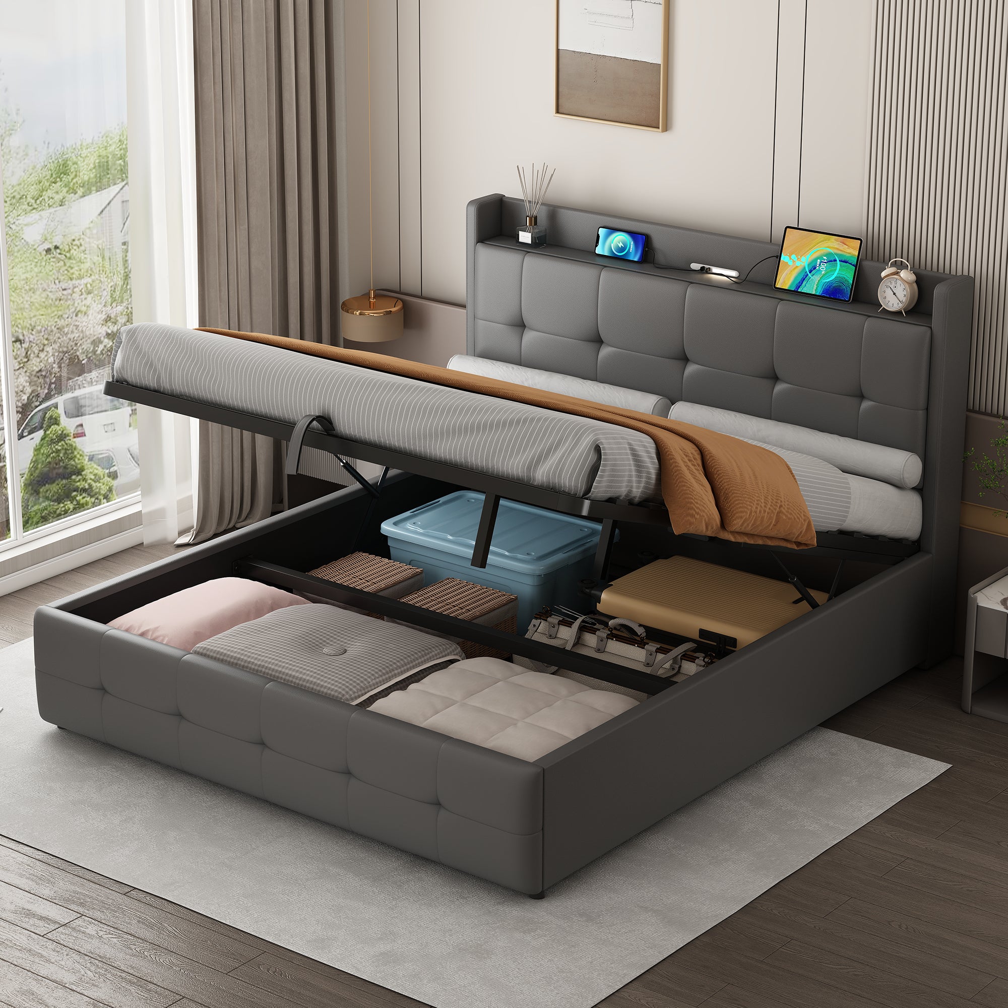 5ft King Upholstered Bed Frame With Hydraulic Storage, PU Leather Ottoman Bed With Concealed Headboard Storage, Double Bed With Charging Station And LED Night Light,  Grey No Mattress
