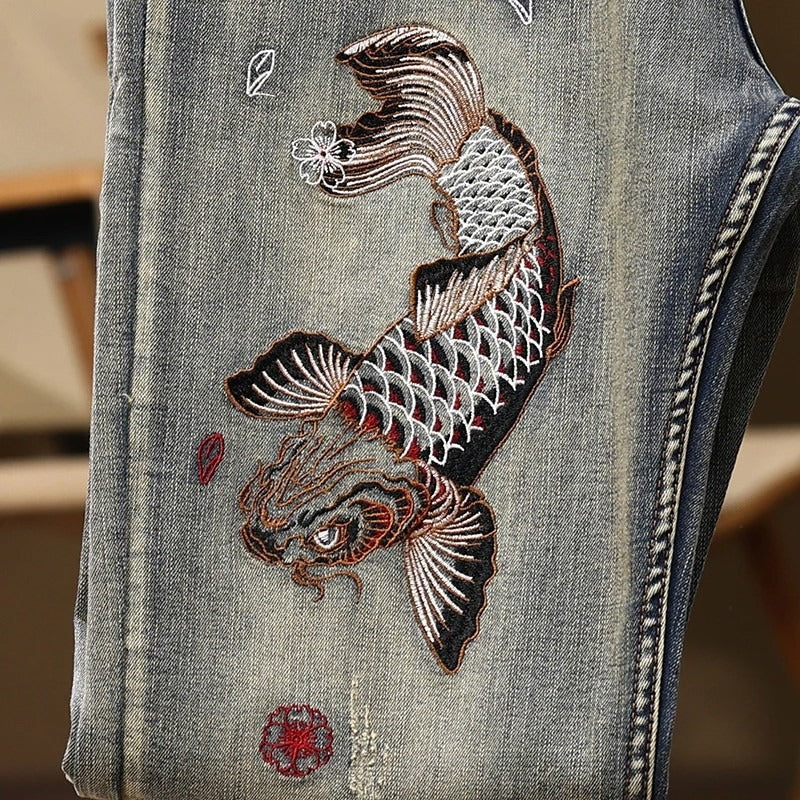 Mens Embroidered Straight-Fit Stretch Denim Jeans