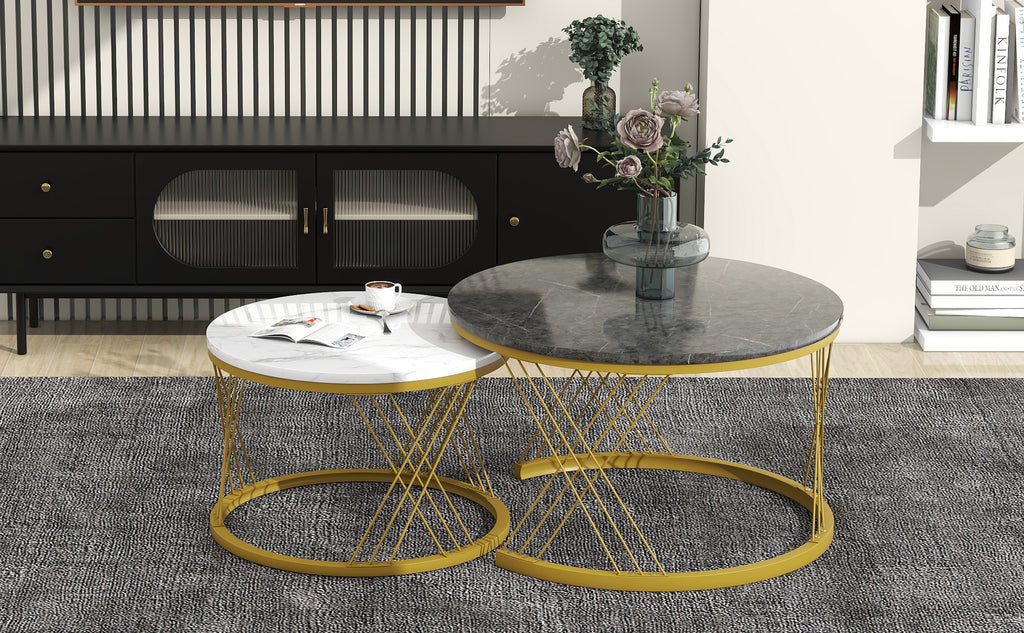 Round Coffee Table, Modern Coffee Table Set Of 2 Marble Pattern Top With Metal Frame, Small Side Table, End Table For Living Room, Bedroom, Home Office, Farmhouse, White And Black