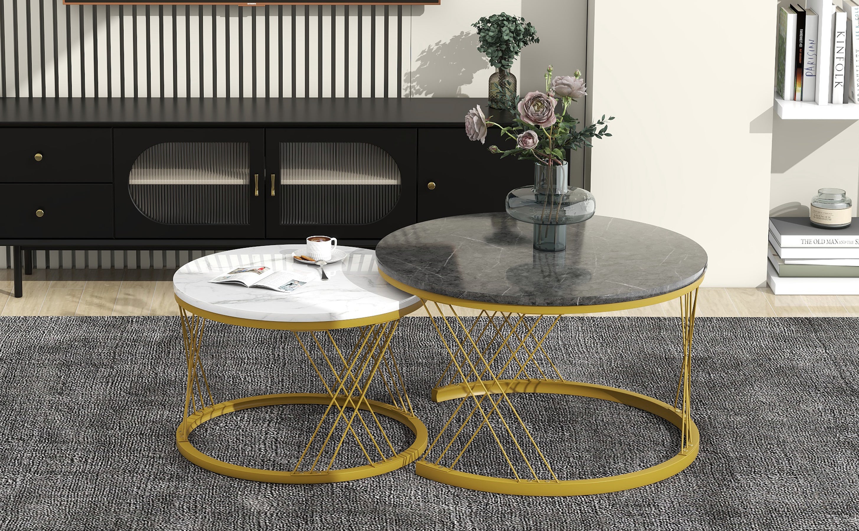 Round Coffee Table, Modern Coffee Table Set Of 2 Marble Pattern Top With Metal Frame, Small Side Table, End Table For Living Room, Bedroom, Home Office, Farmhouse, White And Black