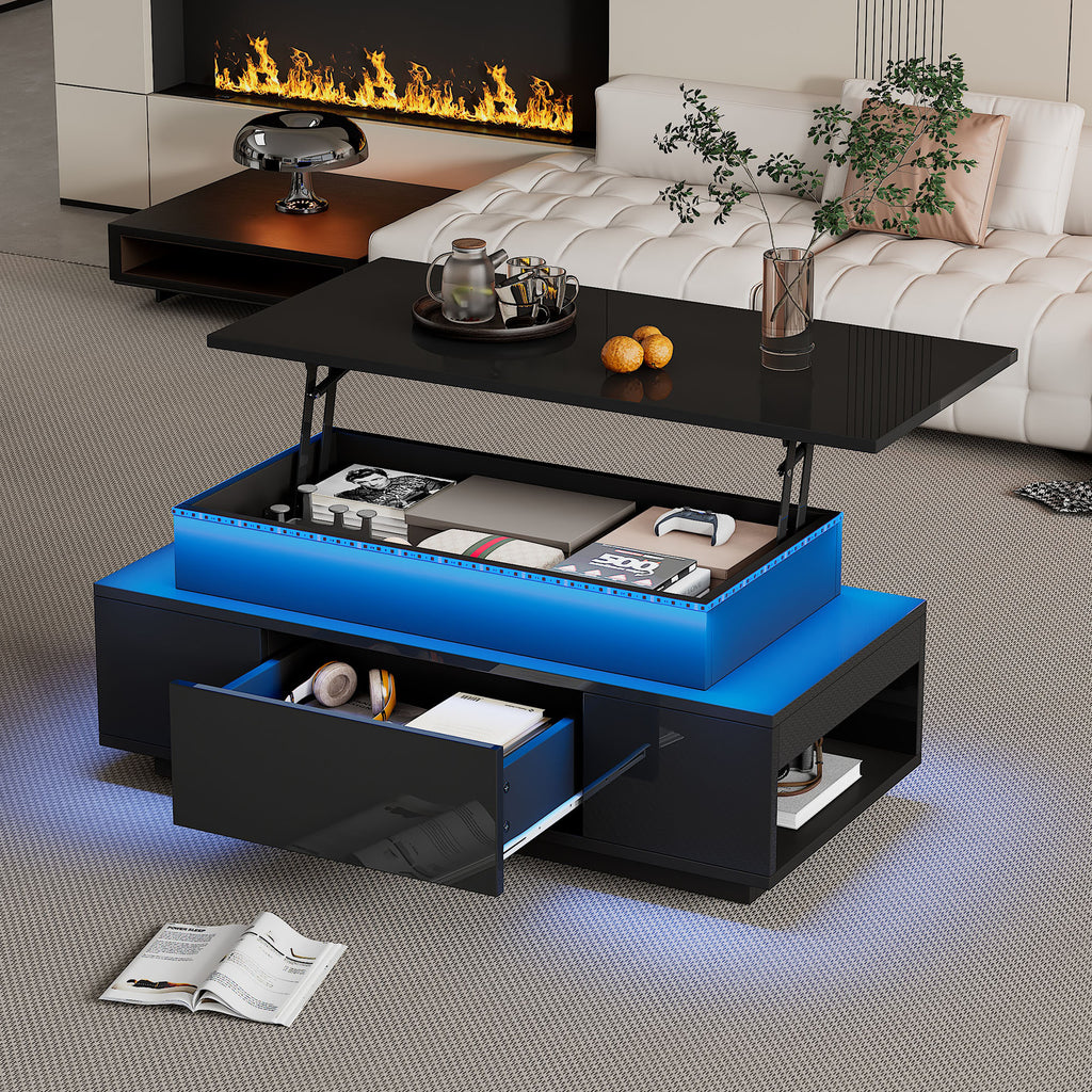 Lift-Top Coffee Table, Highgloss Centre Table With 1 Drawers & LED Lights, Hidden Storage Space, Lifting Sofa Side Table, Space-saving End Table,Tea Table,for Livingroom, Office, 96x45x40m, Black