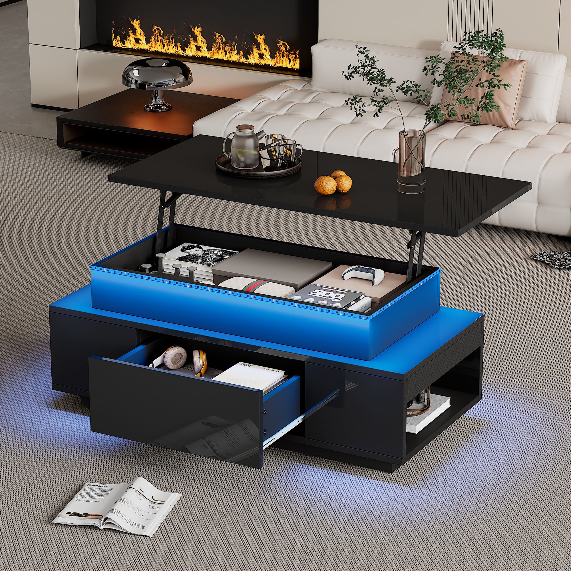 Lift-Top Coffee Table, Highgloss Centre Table With 1 Drawers & LED Lights, Hidden Storage Space, Lifting Sofa Side Table, Space-saving End Table,Tea Table,for Livingroom, Office, 96x45x40m, Black