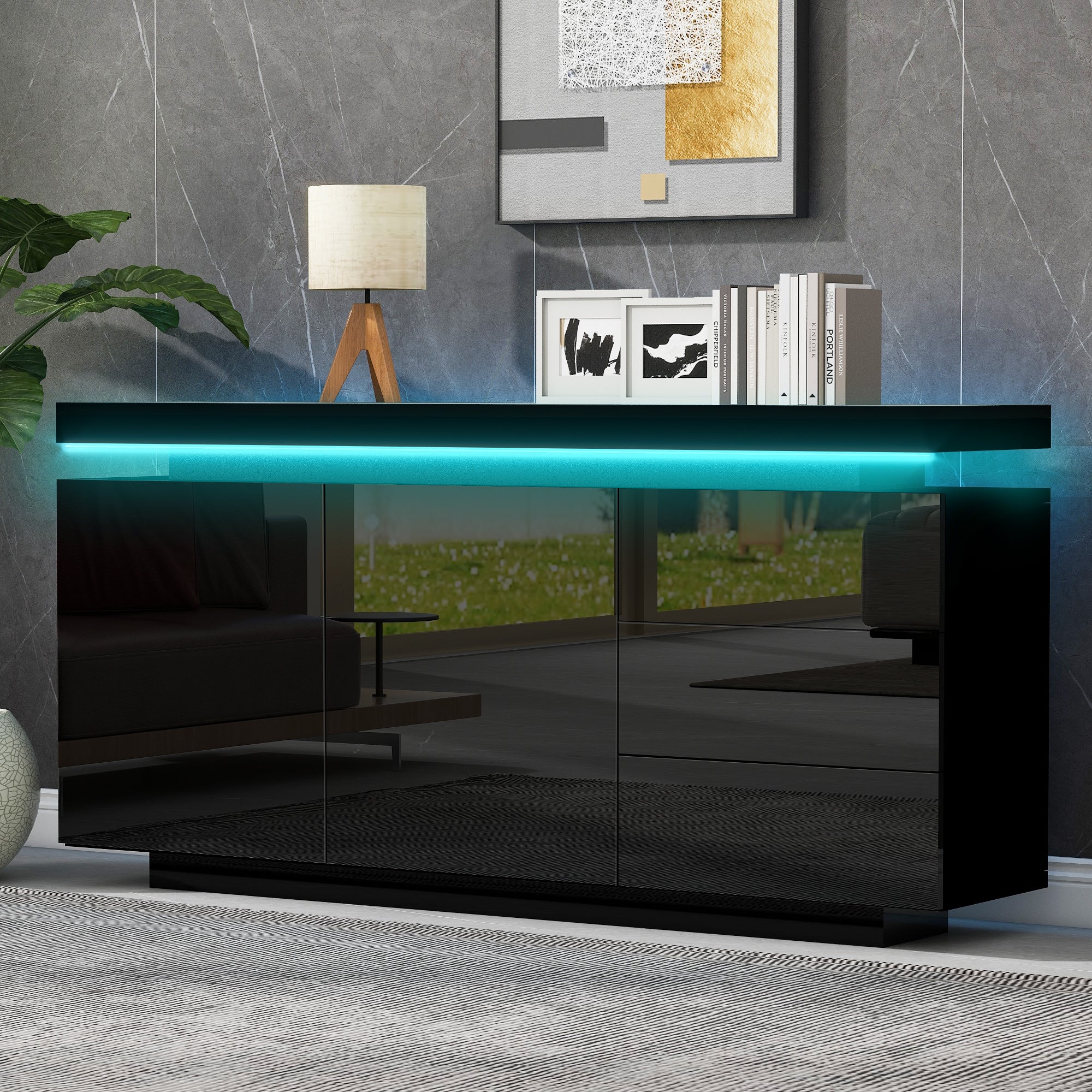Sideboard With LED Lights, Side Cabinet Standing Cabinet Chest Of Drawers Highboard Sideboard With 2 Doors & 3 Drawers, High Gloss Sideboard For Living Room Dining Room, Black