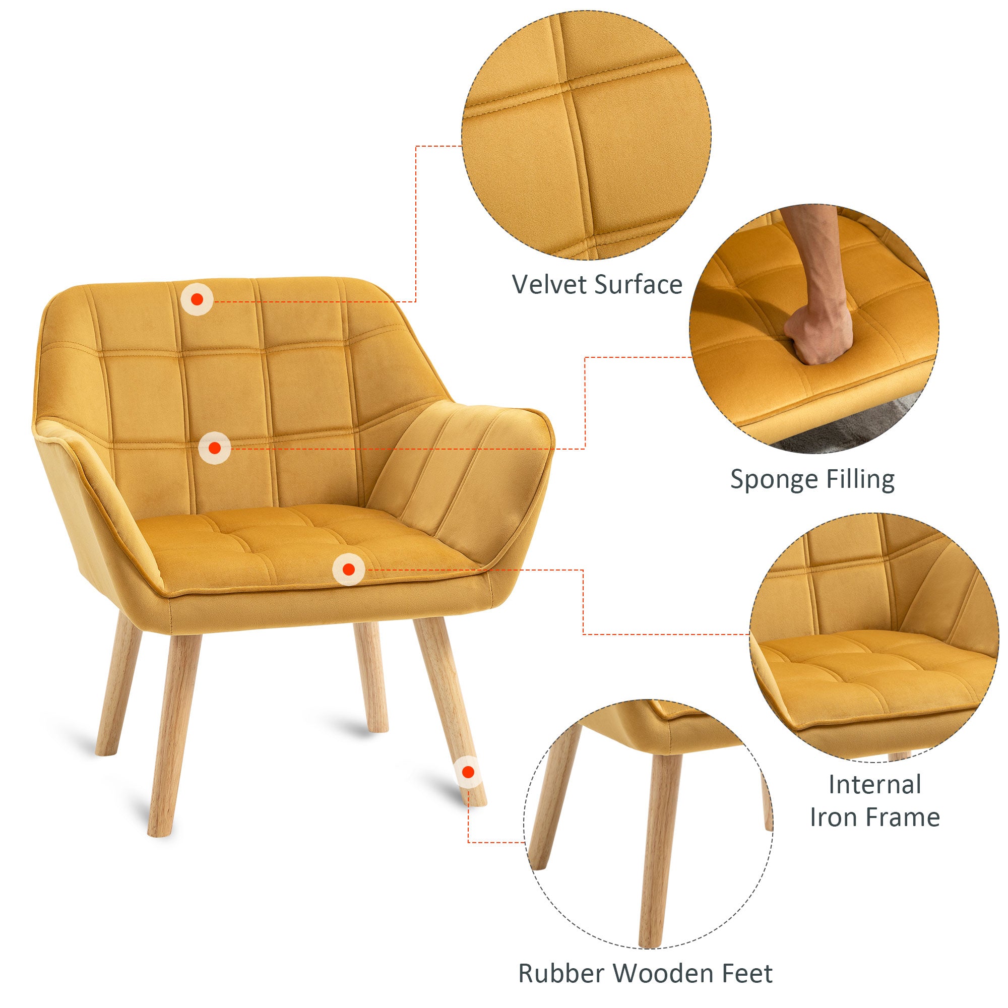 Armchair Accent Chair, Vanity Chair With Wide Arms, Slanted Back, Padding, Metal Frame, Wooden Legs, Home Bedroom Furniture Seating, Yellow