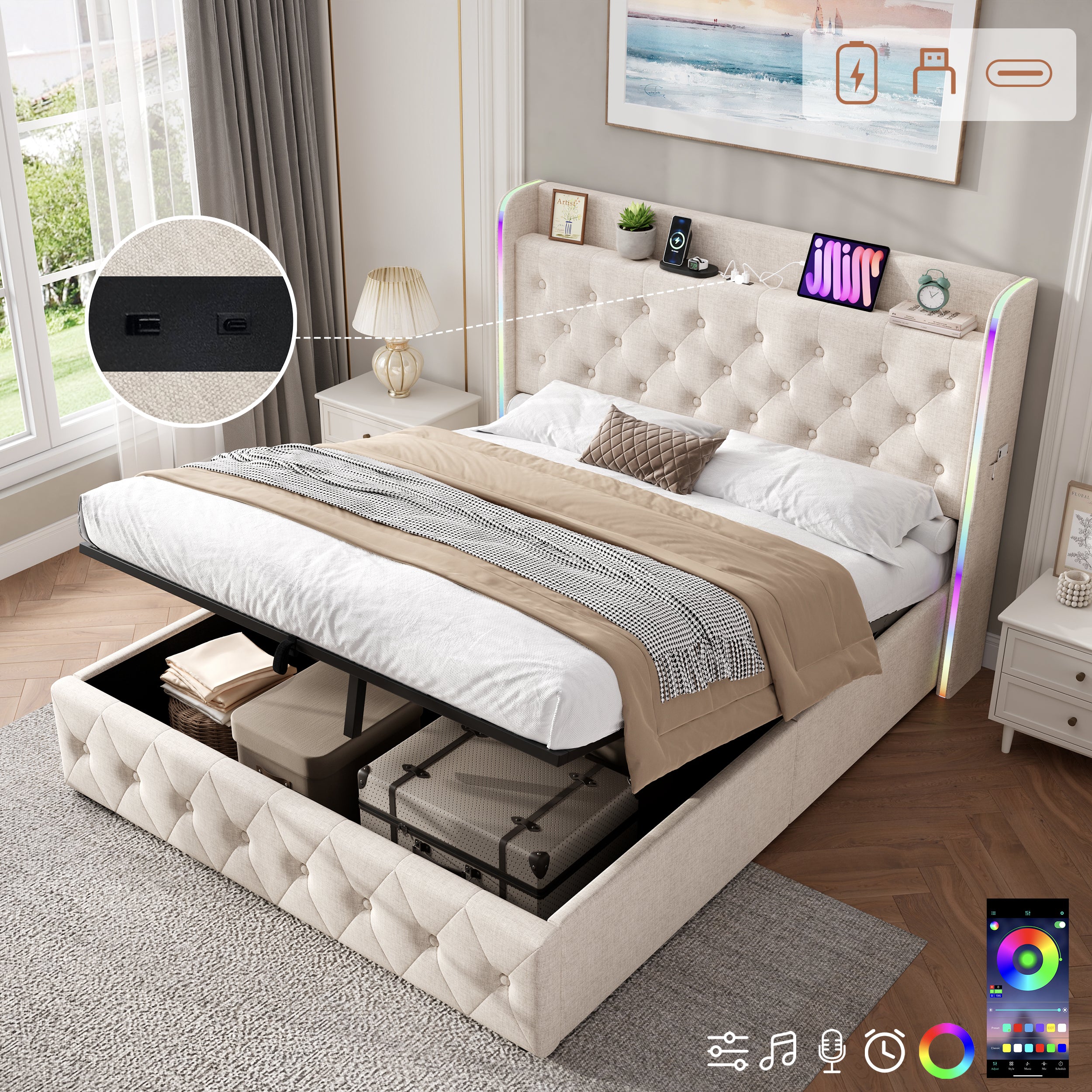 4ft6 Double Upholstered Bed Frame With Hydraulic Storage, LED Headboard With Charging Station And Button-tufted Design, USB And Type-C Ports, Linen, No Box Spring Needed, Beige  No Mattress
