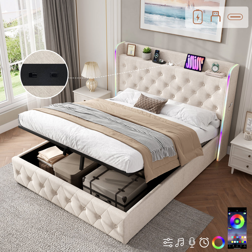 4ft6 Double Upholstered Bed Frame With Hydraulic Storage, LED Headboard With Charging Station And Button-tufted Design, USB And Type-C Ports, Linen, No Box Spring Needed, Beige  No Mattress