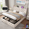 4ft6 Double Upholstered Bed Frame With Hydraulic Storage, LED Headboard With Charging Station And Button-tufted Design, USB And Type-C Ports, Linen, No Box Spring Needed, Beige  No Mattress