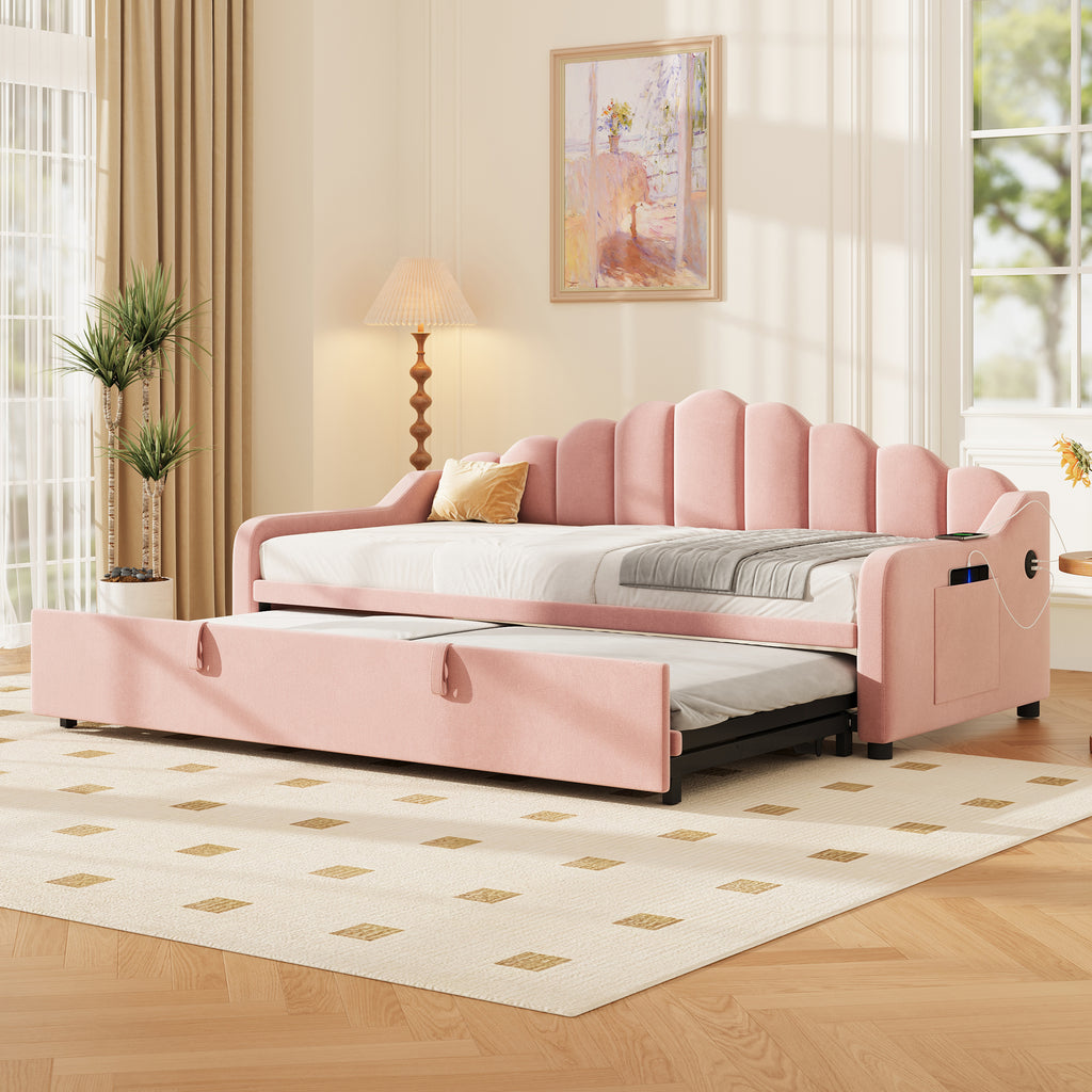3ft Single Daybed With Pull-out Trundle, Velvet Upholstered Sofa Bed With Side Charging Station & Storage Pockets, Chic Fluted Scalloped Backrest No Mattress
