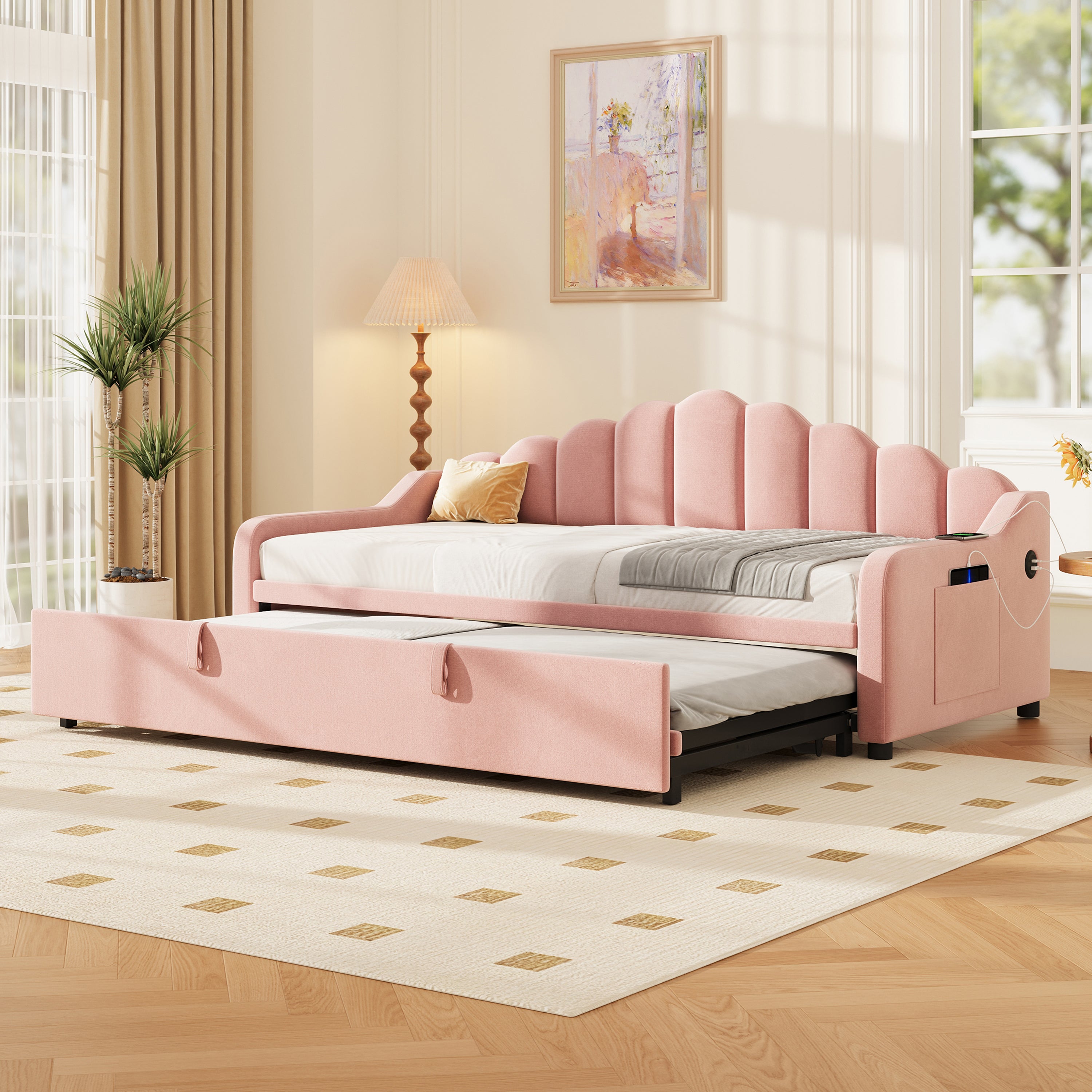 3ft Single Daybed With Pull-out Trundle, Velvet Upholstered Sofa Bed With Side Charging Station & Storage Pockets, Chic Fluted Scalloped Backrest No Mattress