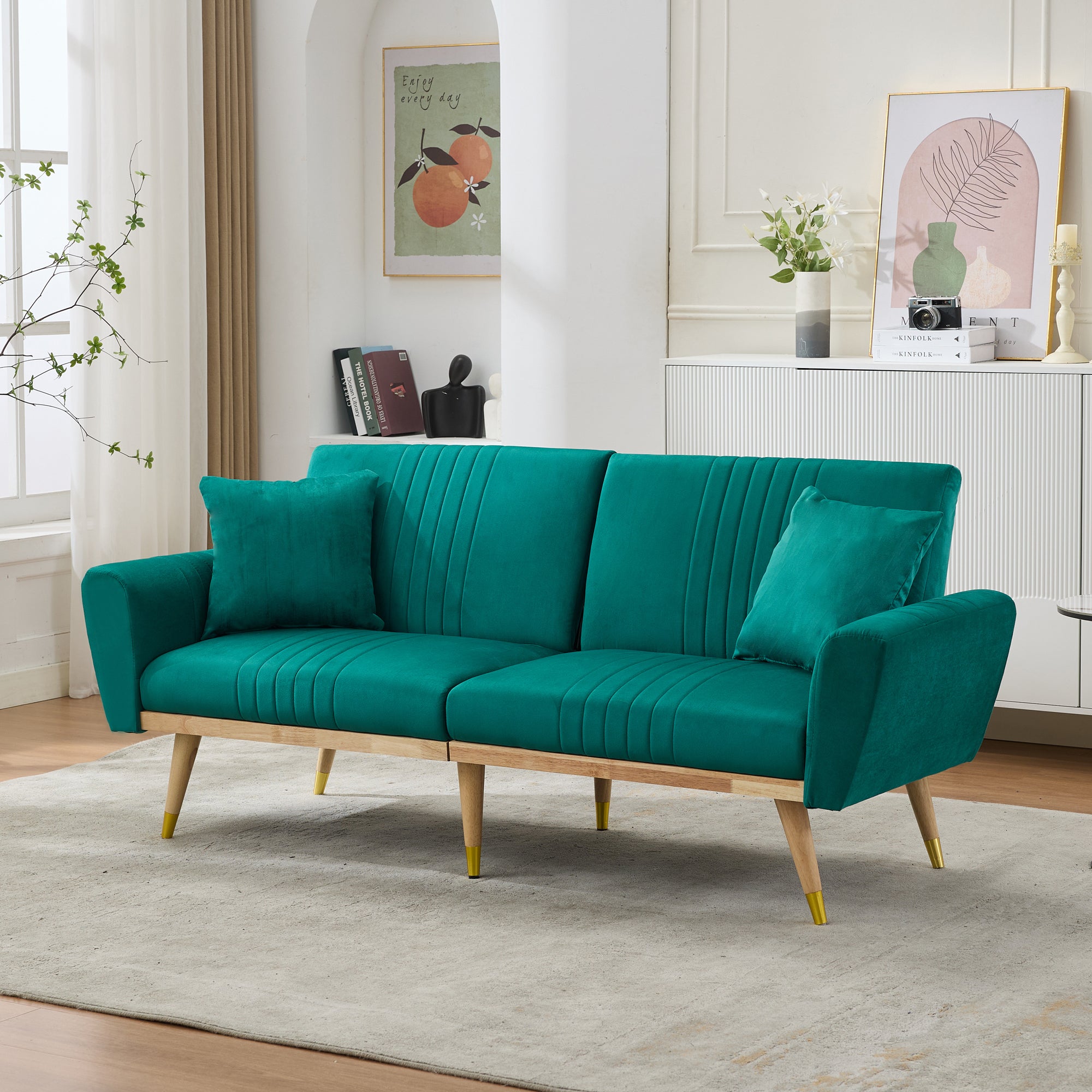 160x50x60CM Onvertible Futon Sofa Bed, Modern Fleece Loveseat With Adjustable Backrest, 2 Pillows, Solid Wood Legs,  Multifunctional Sofa Couch For Living Room, Bedroom, Apartment Green