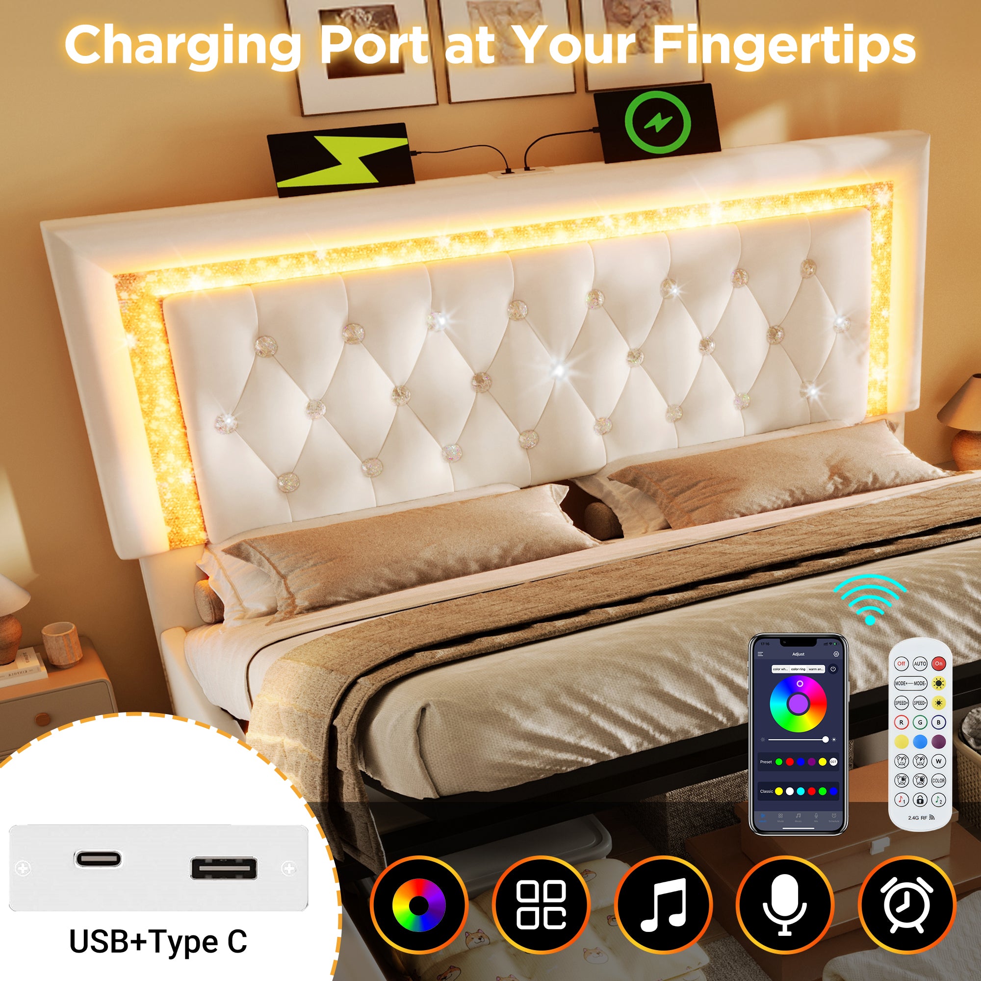 Upholstered Bed 180 X 200 Cm With LED Lighting, USB Type-C Charging, 6ft Hydraulic Storage Bed With Adjustable Diamond Tufted Headboard, Velvet, Beige No Mattress