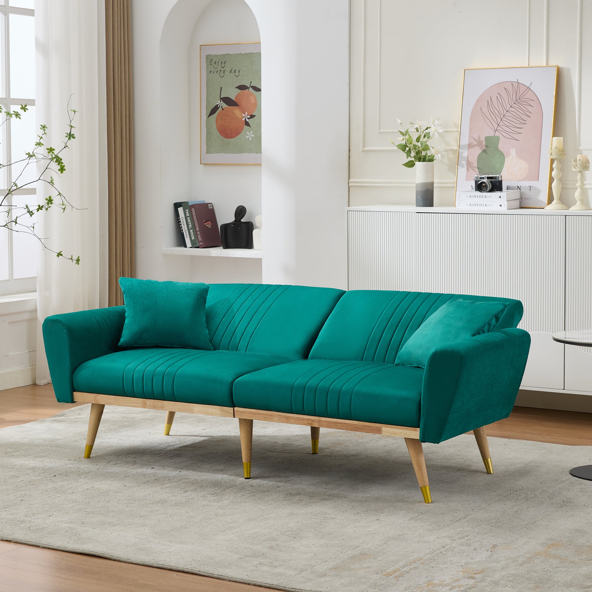 160x50x60CM Onvertible Futon Sofa Bed, Modern Fleece Loveseat With Adjustable Backrest, 2 Pillows, Solid Wood Legs,  Multifunctional Sofa Couch For Living Room, Bedroom, Apartment Green