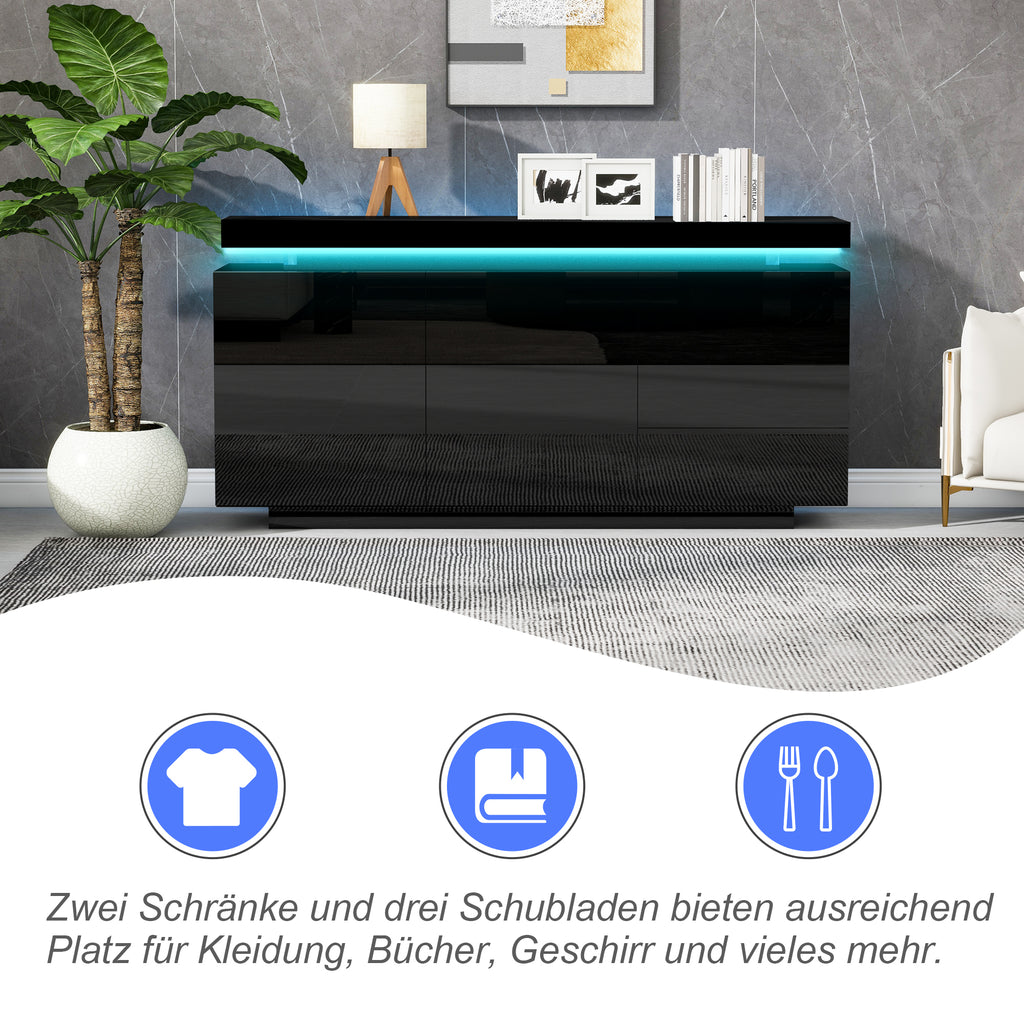 Sideboard With LED Lights, Side Cabinet Standing Cabinet Chest Of Drawers Highboard Sideboard With 2 Doors & 3 Drawers, High Gloss Sideboard For Living Room Dining Room, Black