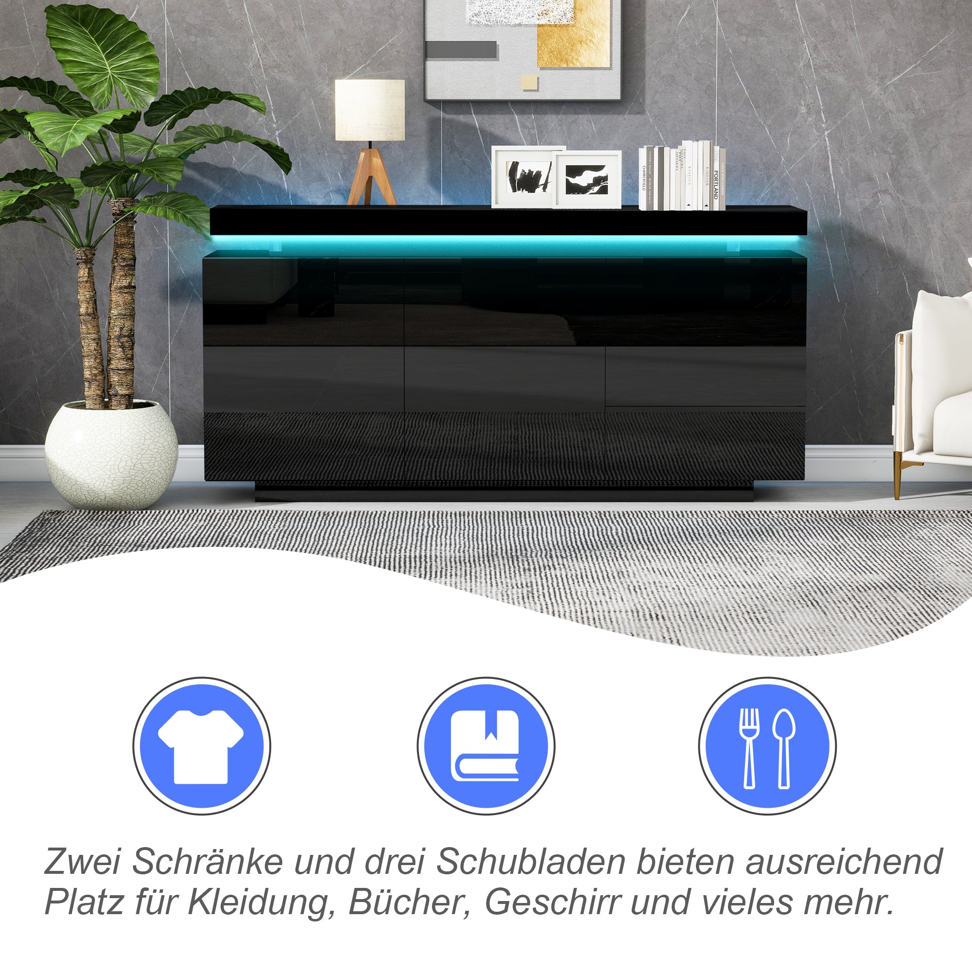 Sideboard With LED Lights, Side Cabinet Standing Cabinet Chest Of Drawers Highboard Sideboard With 2 Doors & 3 Drawers, High Gloss Sideboard For Living Room Dining Room, Black