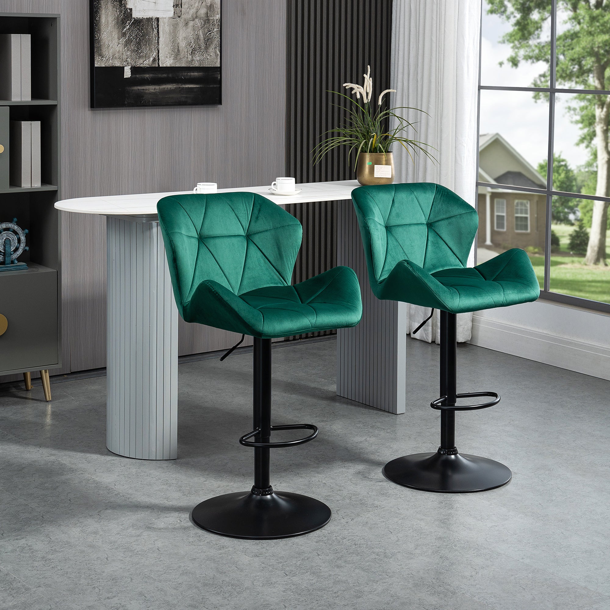 Urban thrif Bar Stools Set Of 2, Velvet-Touch Barstools With Metal Frame Footrest And Adjustable Height, Green