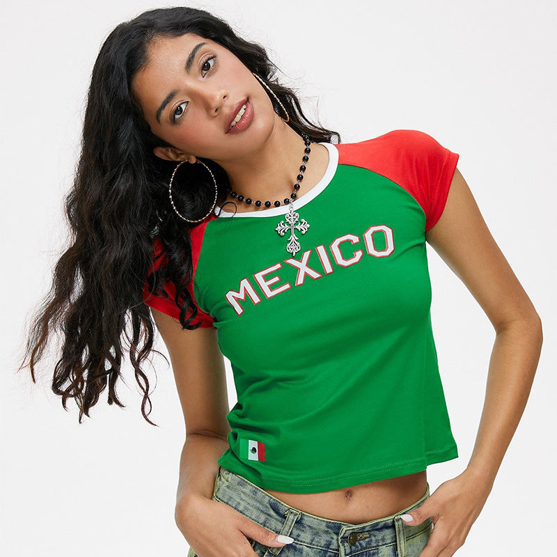 Y2K Womens Summer Cropped Slim-Fit Blue Lettered TopT-Shirt