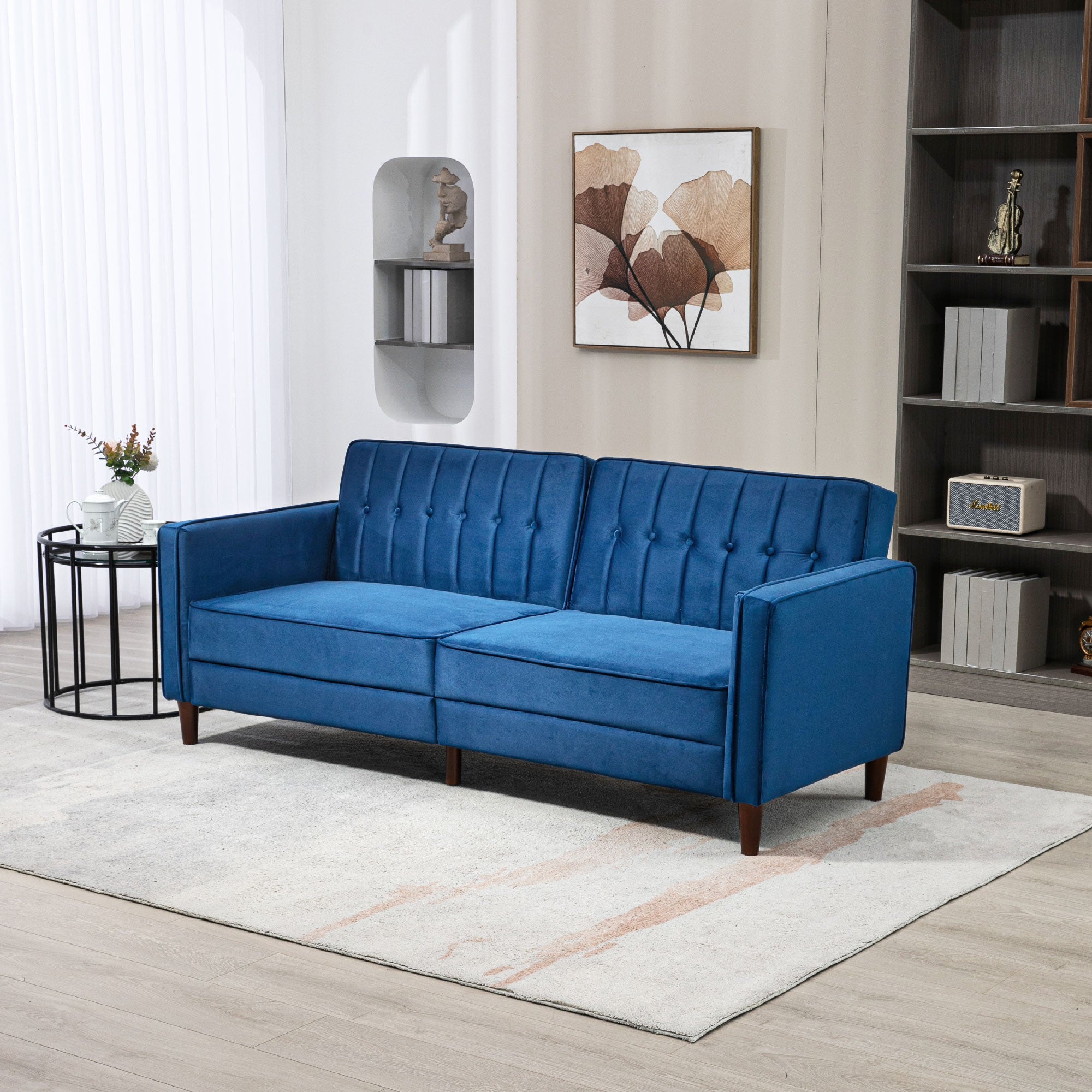Urban Thrif Velvet-Feel Three-Seater Sofa Bed - Blue