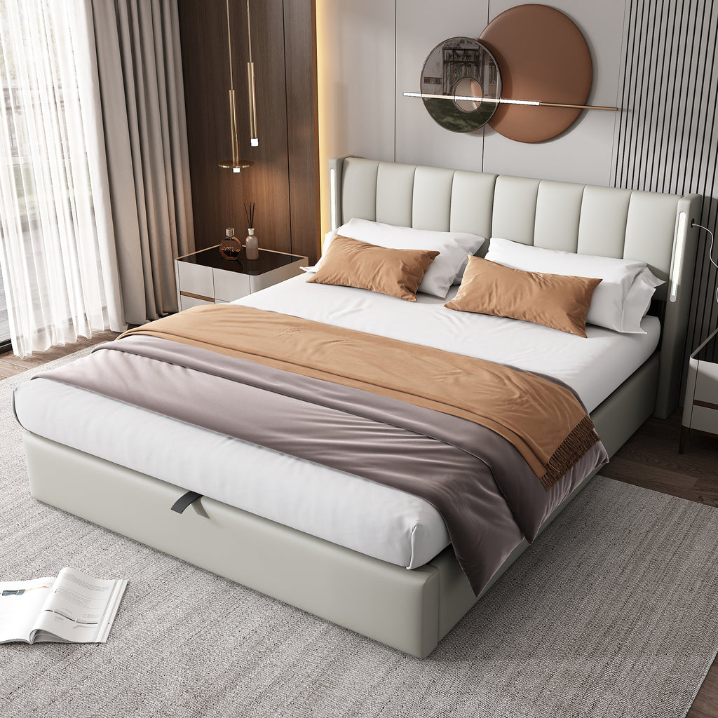 LED Upholstered Bed ,King Size Bed-5ft 150X200cm Hydraulic Bed, Rechargeable USB Port In Bed, With LED Lighting, With Storage Space, Adjustable Headboard, PU , Grey