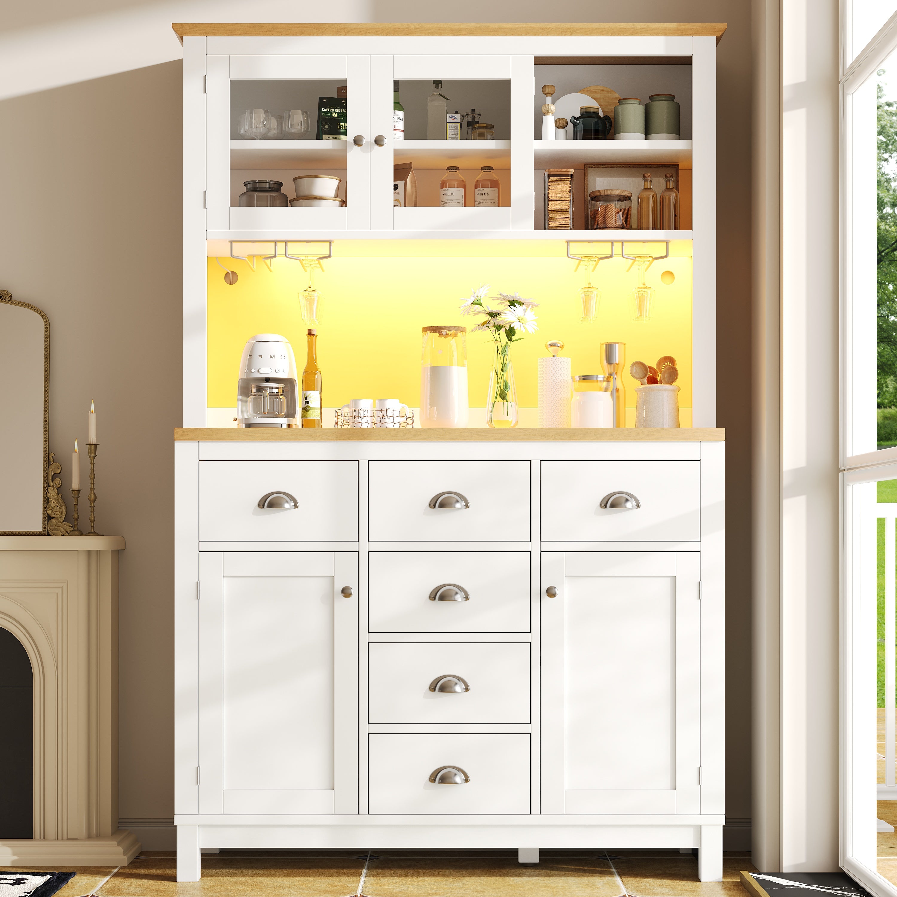 Sideboard  Storage Cabinet  Kitchen Cabinet  Buffet Cabinet, 104x40x180cm, Farmhouse Style, 5 Doors, With LED Light Strip & Drink Holders, Green White