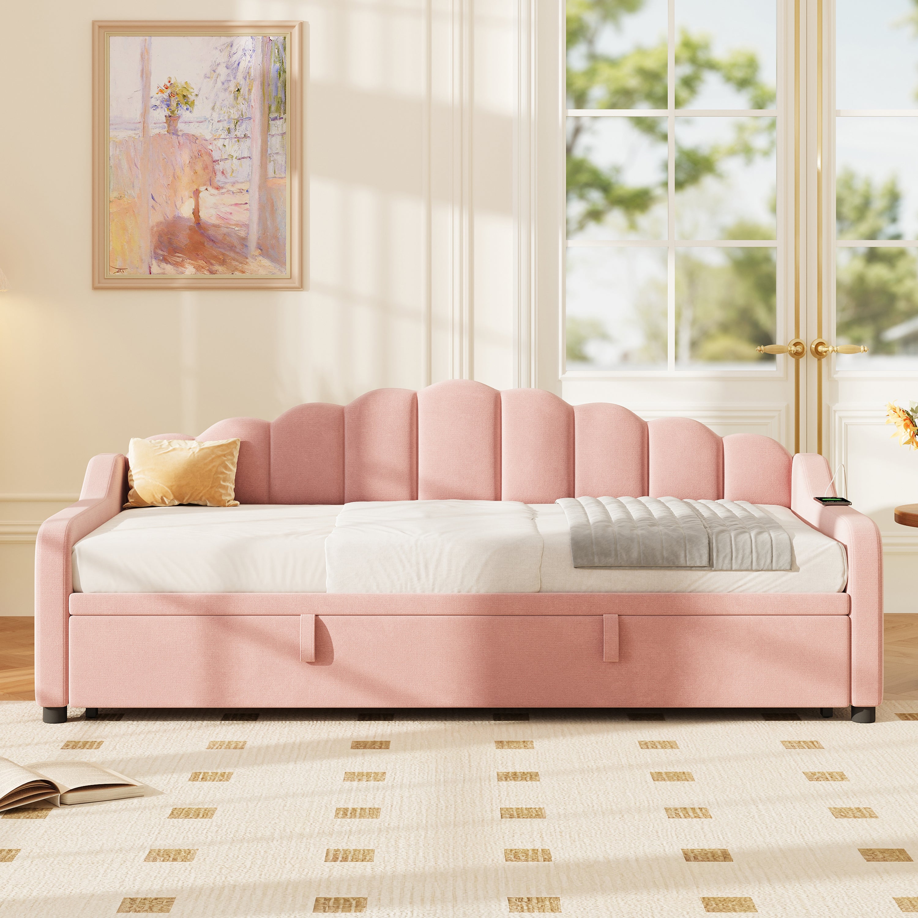 3ft Single Daybed With Pull-out Trundle, Velvet Upholstered Sofa Bed With Side Charging Station & Storage Pockets, Chic Fluted Scalloped Backrest No Mattress