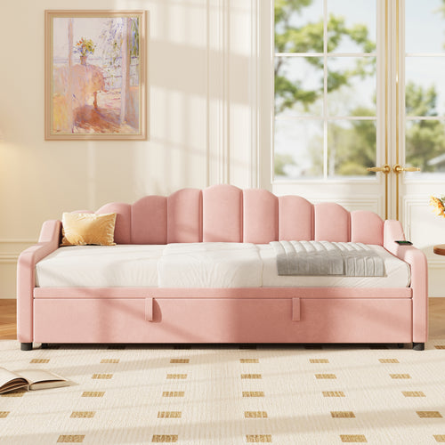 3ft Single Daybed With Pull-out Trundle, Velvet Upholstered Sofa Bed With Side Charging Station & Storage Pockets, Chic Fluted Scalloped Backrest No Mattress