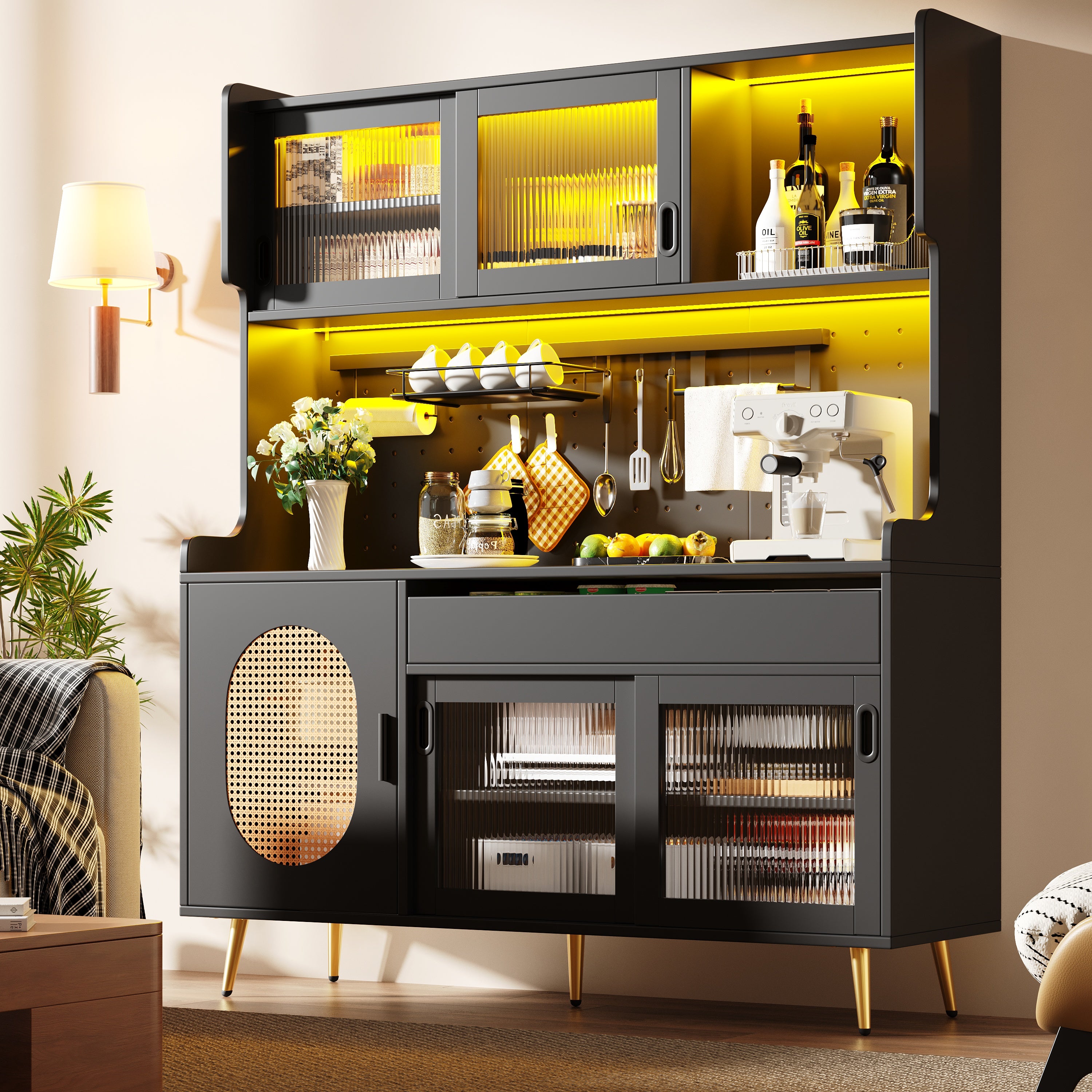 Sideboard  Storage Cabinet  Kitchen Cabinet  Buffet, 145x39x171cm, Country Style, 5 Doors, With LED Light Strip & Pegboard, Fluted Glass Doors, Brown Black