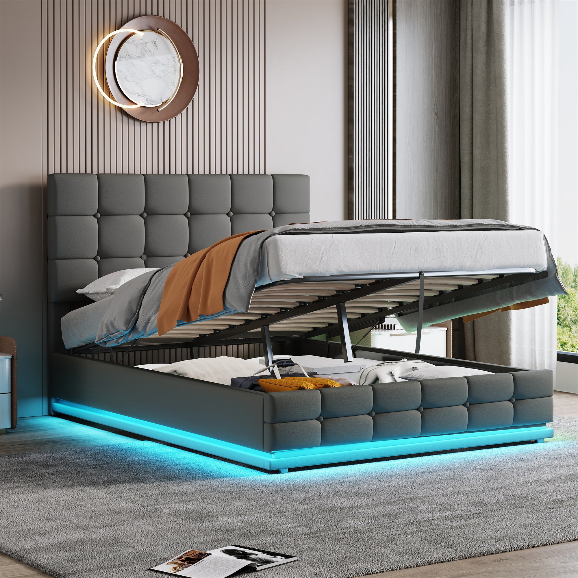 Ottoman Double Bed With LED Lighting, PU Leather Upholstered Bed With Hydraulic Storage, 4ft6 Double Bed Frame With Adjustable Button Tufted Headboard, No Box Spring Needed, Grey  No Mattress