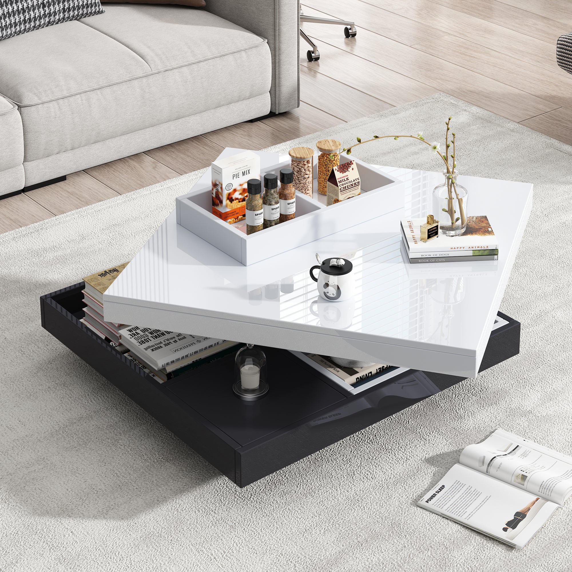 360 Rotating Coffee Table, Fully Functional Living Room Storage Table, High-gloss Tabletop With Storage Compartments, White Black  Living Room Tabletop, Marble-patterned Particleboard