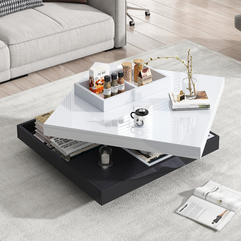 360 Rotating Coffee Table, Fully Functional Living Room Storage Table, High-gloss Tabletop With Storage Compartments, White Black  Living Room Tabletop, Marble-patterned Particleboard