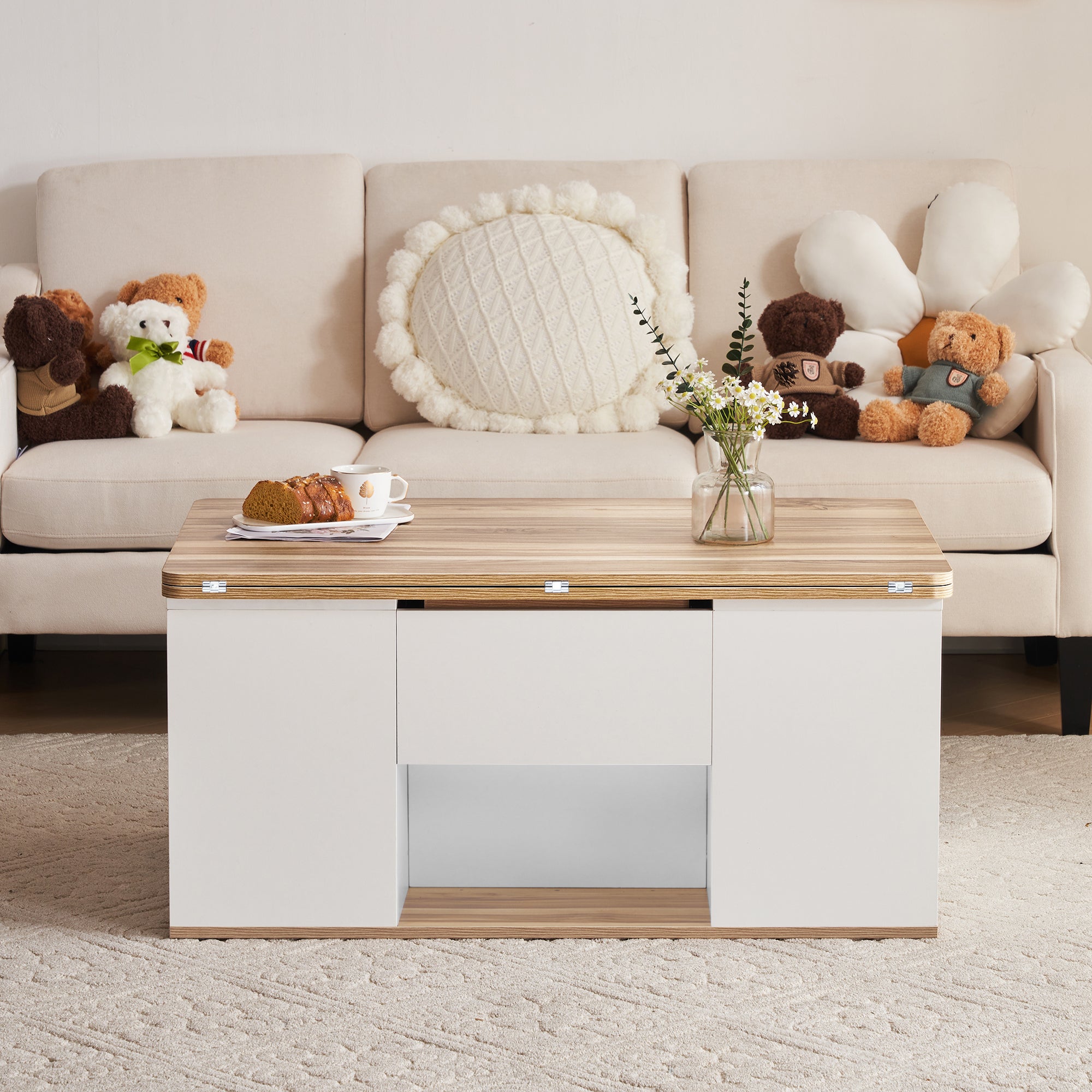 326450455WAANEW  White & Oak Coffee Table With Storage, Lift Up Coffee Table For Living Room, Coffee Table With 2 Drawers Lift-Top Sofa End Tea Tables For Living Room Furniture