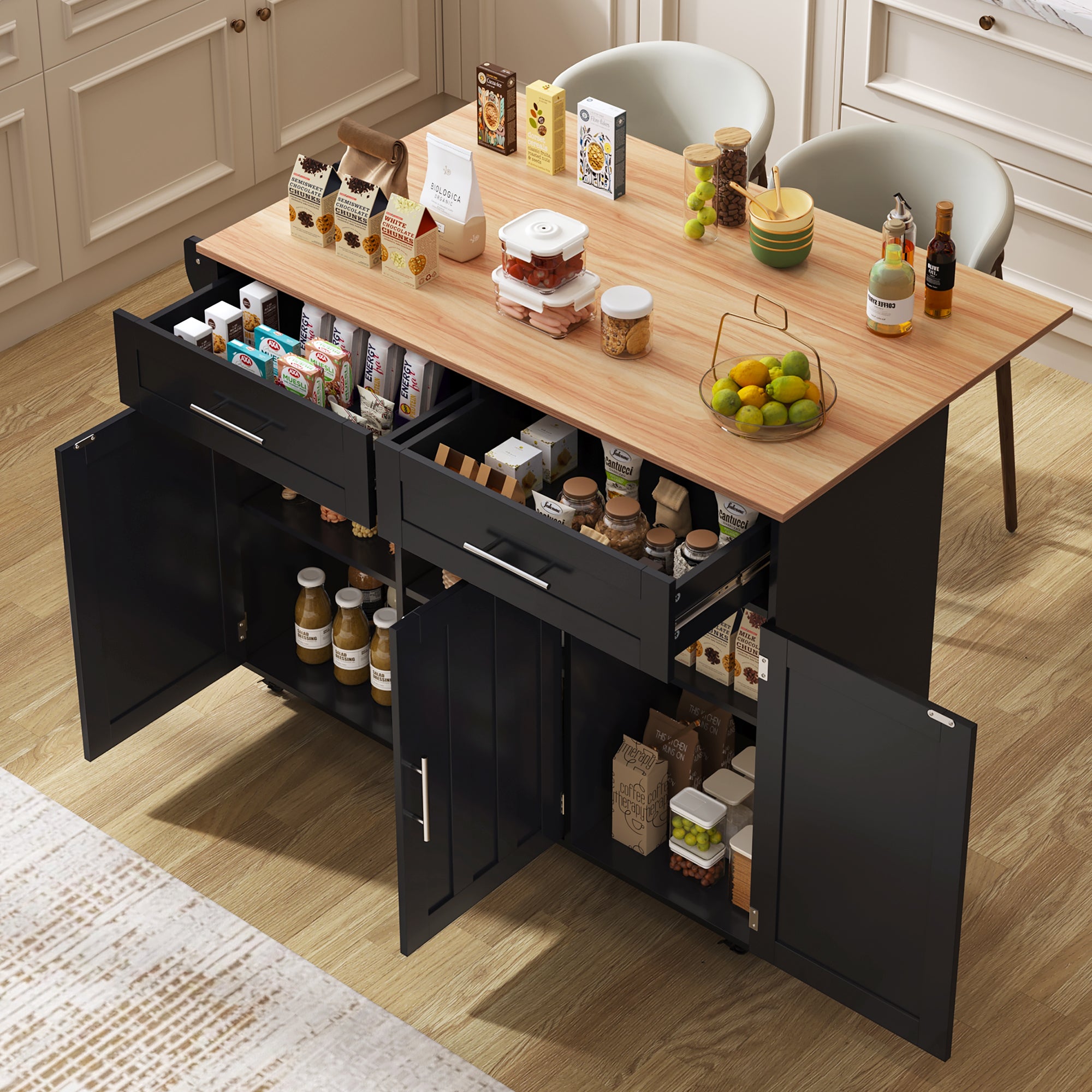 129x46   71x91cm Kitchen Island On Wheels, With Foldable Tabletop, Adjustable Shelves, Rolling Trolley With Storage Cabinets And 2 Drawers, For The Dining Room Living Room