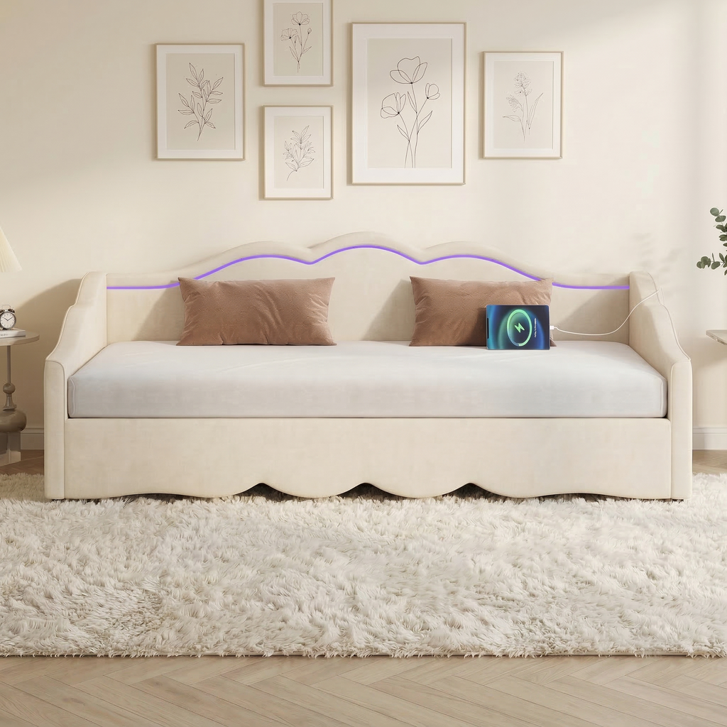 Upholstered Daybed, Sofa Bed, 90x190 Cm, Extendable To 180 Cm, With LED Lighting And USB Port, Beige Velvet