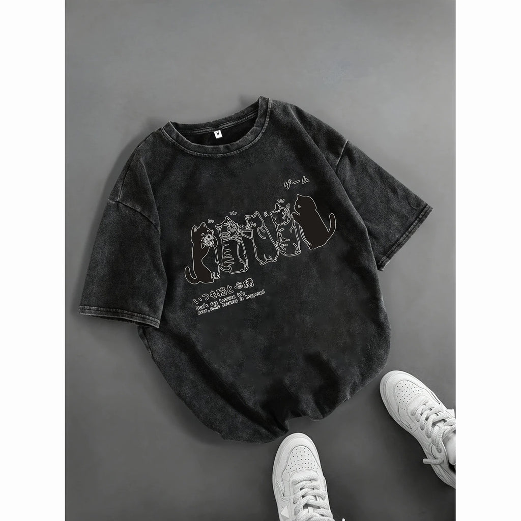 Cartoon Cat Shower Mens Loose-Fit Short-Sleeve T-Shirt