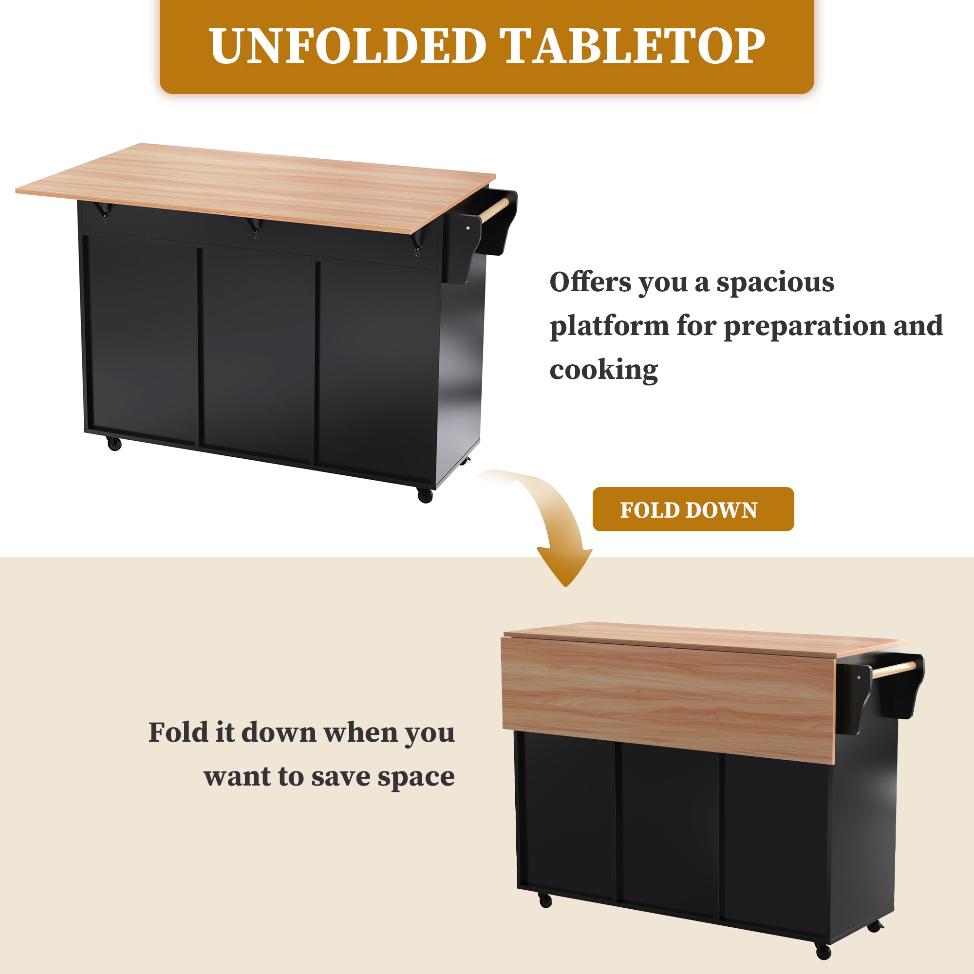 129x46   71x91cm Kitchen Island On Wheels, With Foldable Tabletop, Adjustable Shelves, Rolling Trolley With Storage Cabinets And 2 Drawers, For The Dining Room Living Room