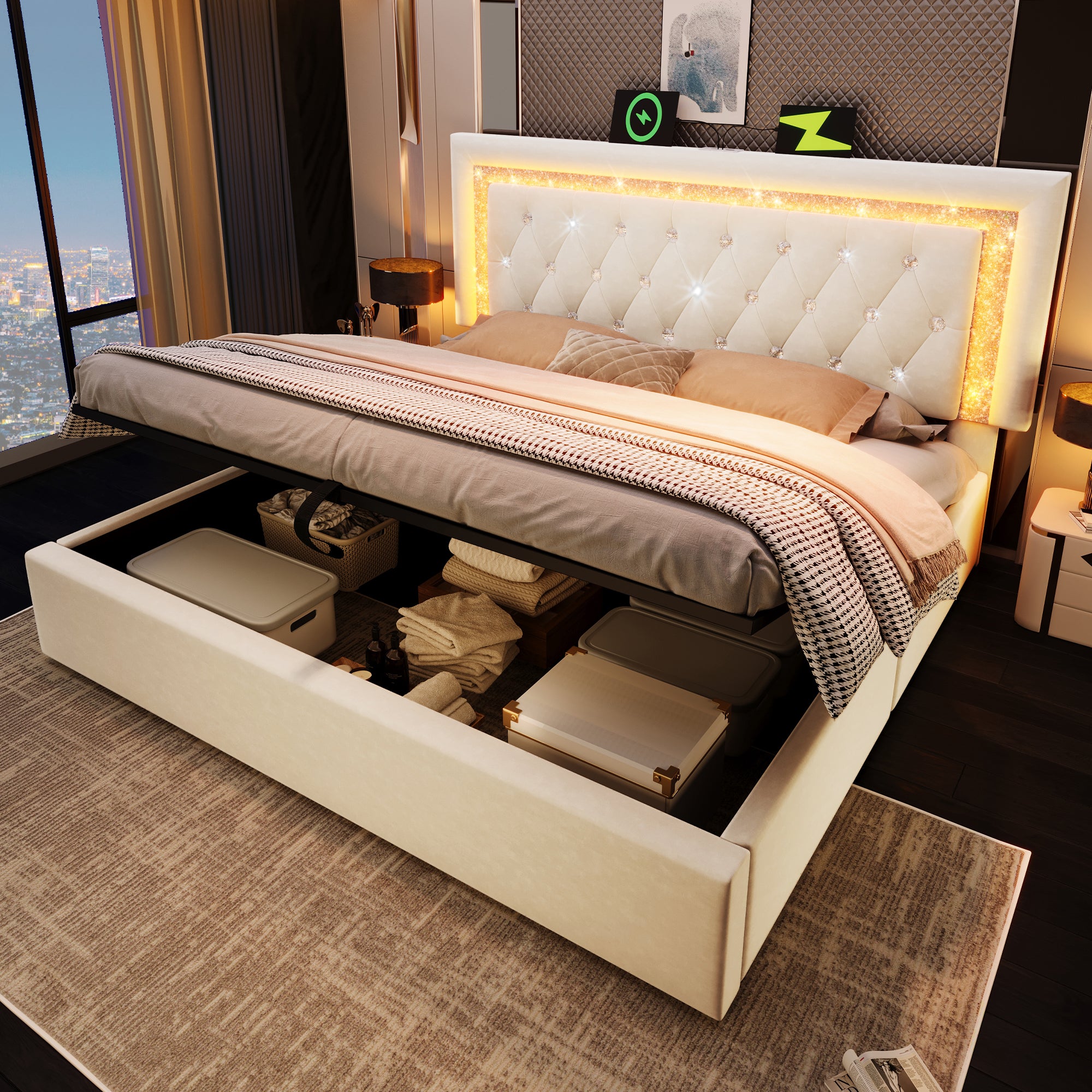 Upholstered Bed 180 X 200 Cm With LED Lighting, USB Type-C Charging, 6ft Hydraulic Storage Bed With Adjustable Diamond Tufted Headboard, Velvet, Beige No Mattress