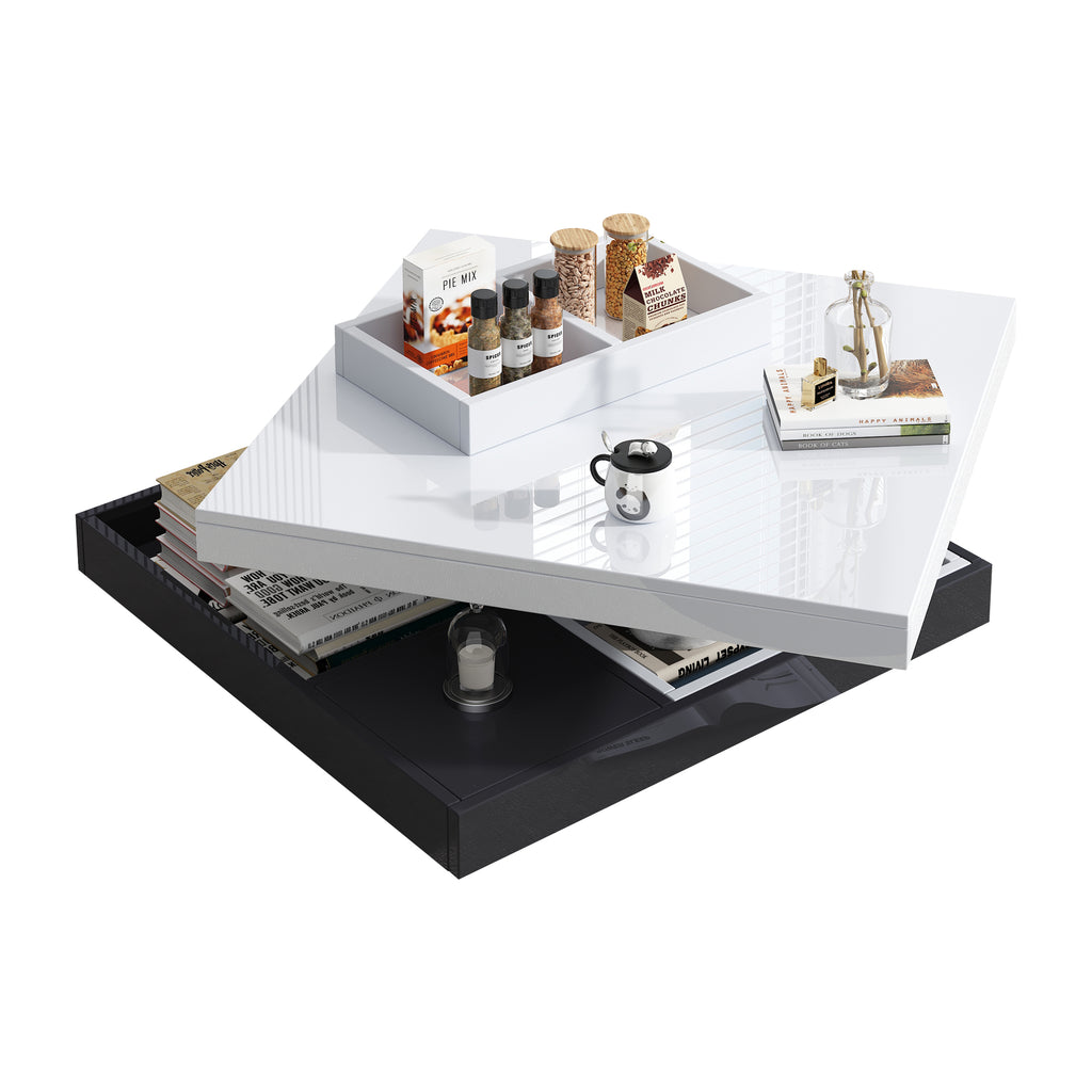 360 Rotating Coffee Table, Fully Functional Living Room Storage Table, High-gloss Tabletop With Storage Compartments, White Black  Living Room Tabletop, Marble-patterned Particleboard