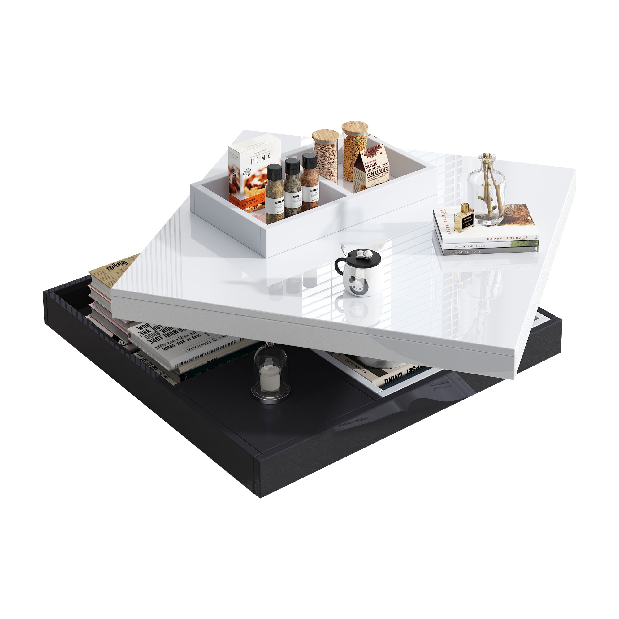 360 Rotating Coffee Table, Fully Functional Living Room Storage Table, High-gloss Tabletop With Storage Compartments, White Black  Living Room Tabletop, Marble-patterned Particleboard