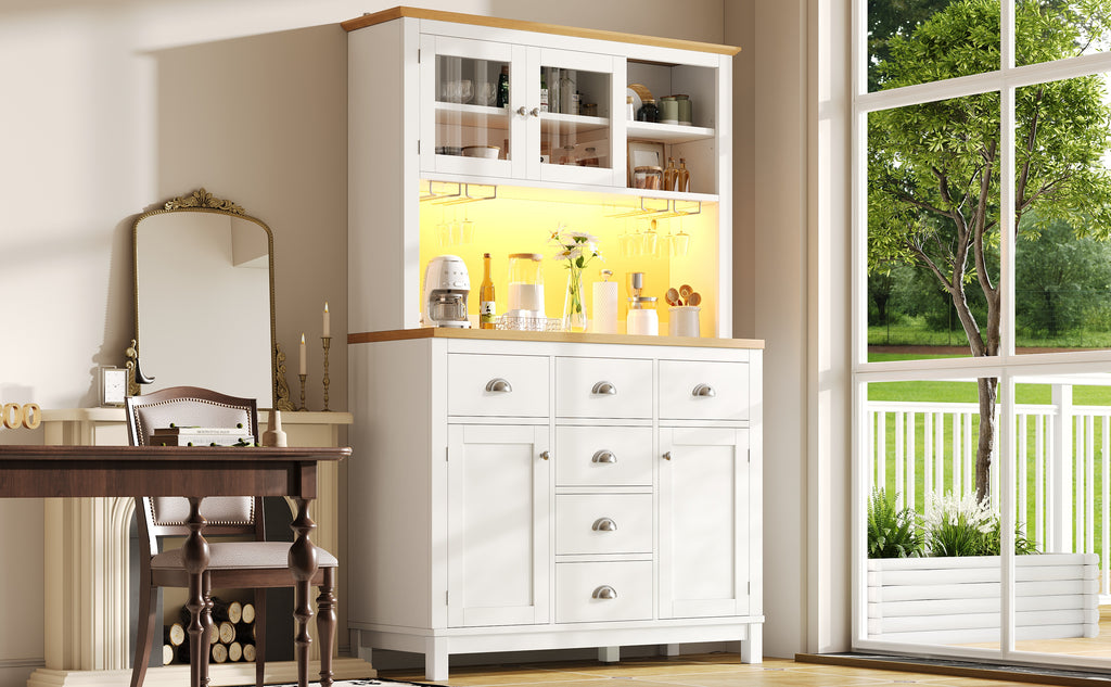 Sideboard  Storage Cabinet  Kitchen Cabinet  Buffet Cabinet, 104x40x180cm, Farmhouse Style, 5 Doors, With LED Light Strip & Drink Holders, Green White