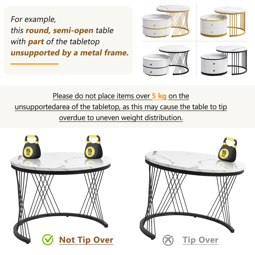 High Gloss Round Nesting Coffee Table With Marble Top, End Table, White & Gold Nesting Coffee Table Set Of 2 Center Table With Storage Drawers For Living Room