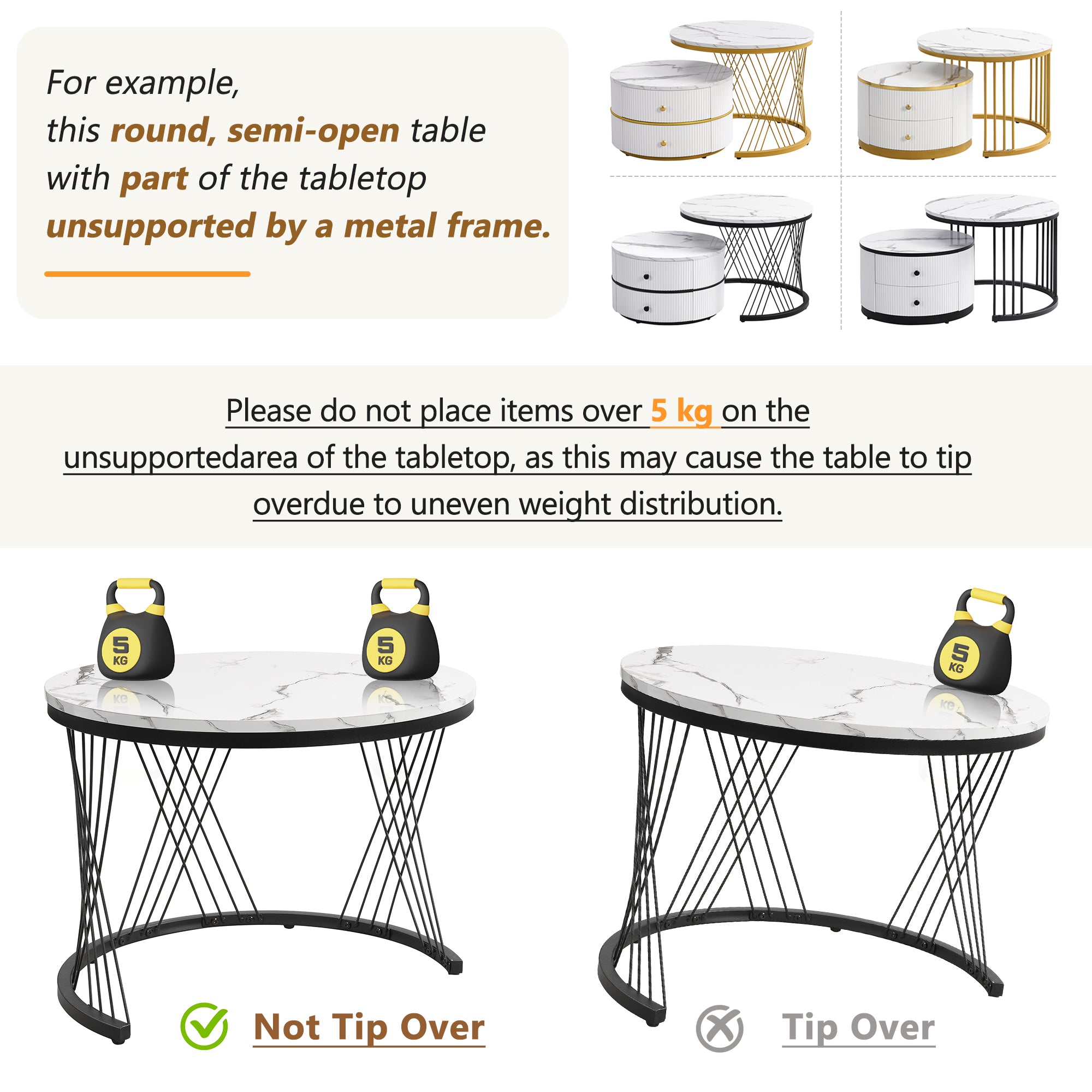 High Gloss Round Nesting Coffee Table With Marble Top, End Table, White & Gold Nesting Coffee Table Set Of 2 Center Table With Storage Drawers For Living Room