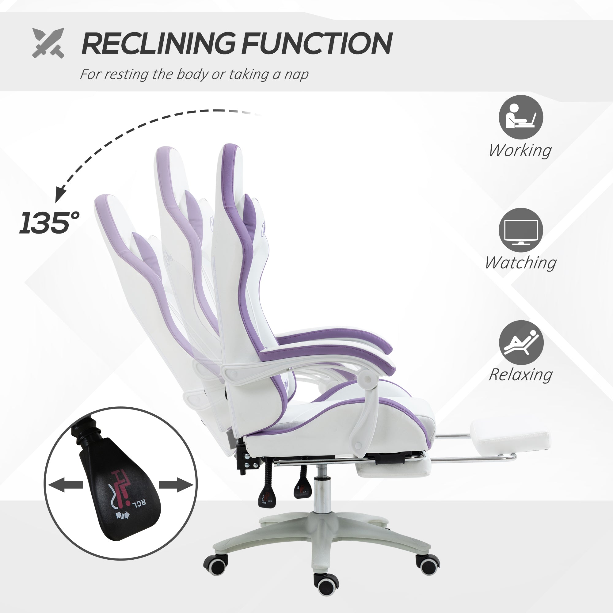 Vinsetto Computer Gaming Chair, PU Leather Office Desk Chair With Footrest, Swivel Wheels, 135° Reclining Back, Lumbar Support, Headrest For Home, White And Purple