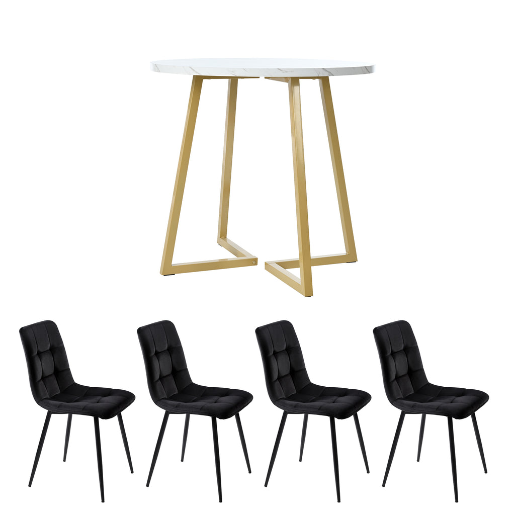 Dining Table Set  5 Pieces , Dining Table Set With 4 Chairs, Modern Kitchen Table Set, 80 Cm Diameter Round Kitchen Table With Gold Metal Legs, White MDF Table Top, Black Velvet Dining Chairs