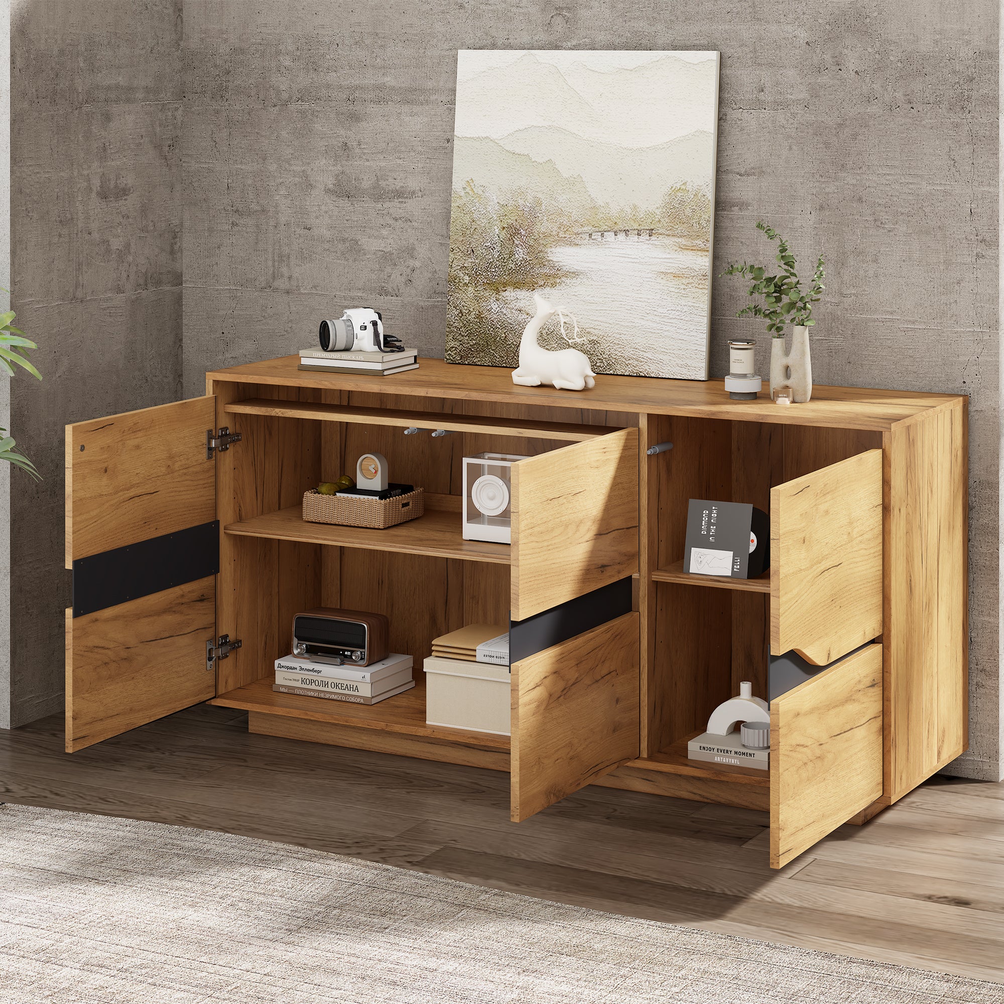 Modern Vintage Storage Cabinet, Sideboard Buffet With 3 Doors, Sofa Side Cabinet, Adjustable Partition, Unique Design, For Living Room, Bed Room, Kitchen, Hallway, 140x40x70CM, Wood