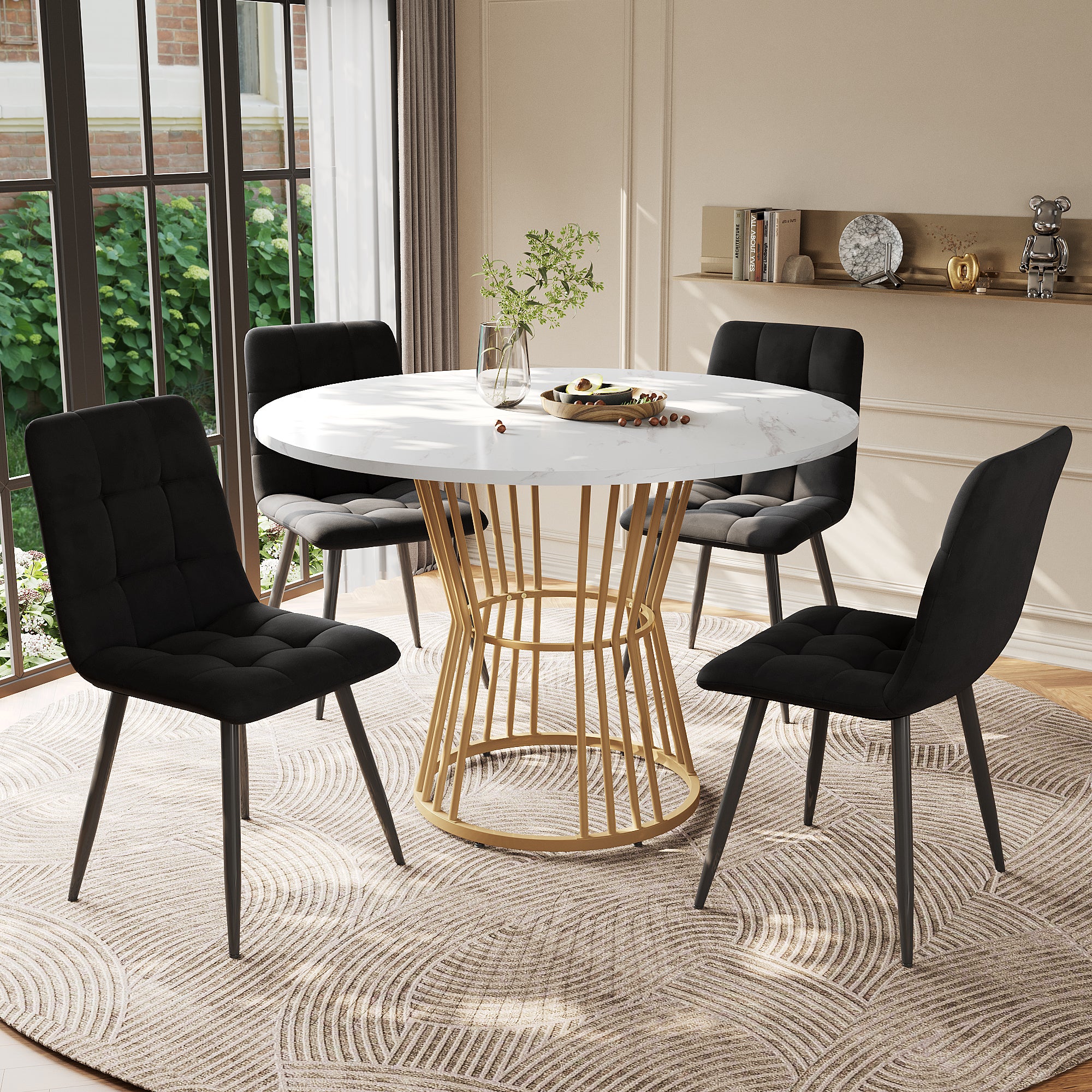 Dining Table Set  5-piece , Dining Table Set With 4 Chairs, Kitchen Table Set, Round Dining Table With 100 Cm Diameter And Golden Metal Legs, White MDF Table Top, Black Velvet Dining Chairs