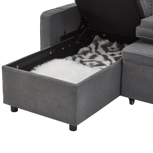 L-Shaped Pull Out Sleep Sofabed, Modern Reversible Sleeper Sectional Sofa, 3 In 1 Convertible Sofa Bed With Storage Chaise, Drop-Down Table, Cup Holders And Charging Ports, Grey