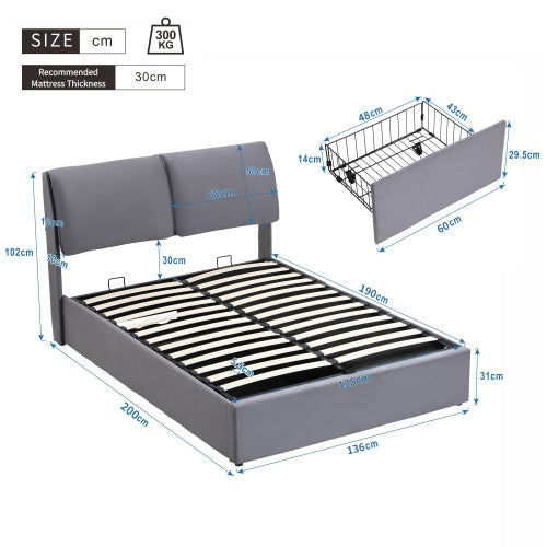 Upholstered Bed,Double Bed-4ft6  135x190cm  Hydraulic Bed, Three Drawers, Bed Box For Storage, Slatted Frame With Headboard, Without Mattress, Velvet, Grey
