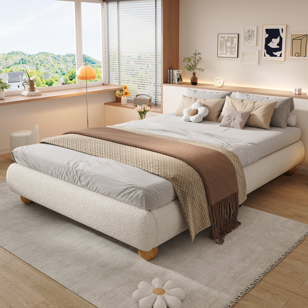 Upholstered Bed, 4ft6 Double Bed 135x190cm, Sturdy Bed Slats, Comfortable Soft Bed, Boucle  MDF Plywood, Beige